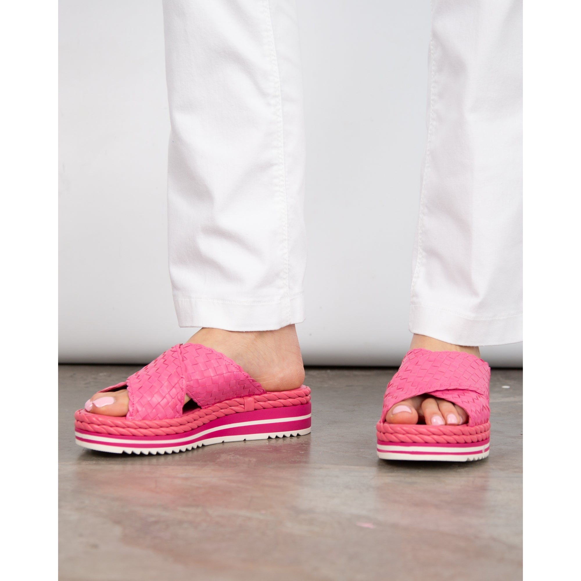 Pons Quintana Woven Cross Over Stripe Wedge Mules Pink