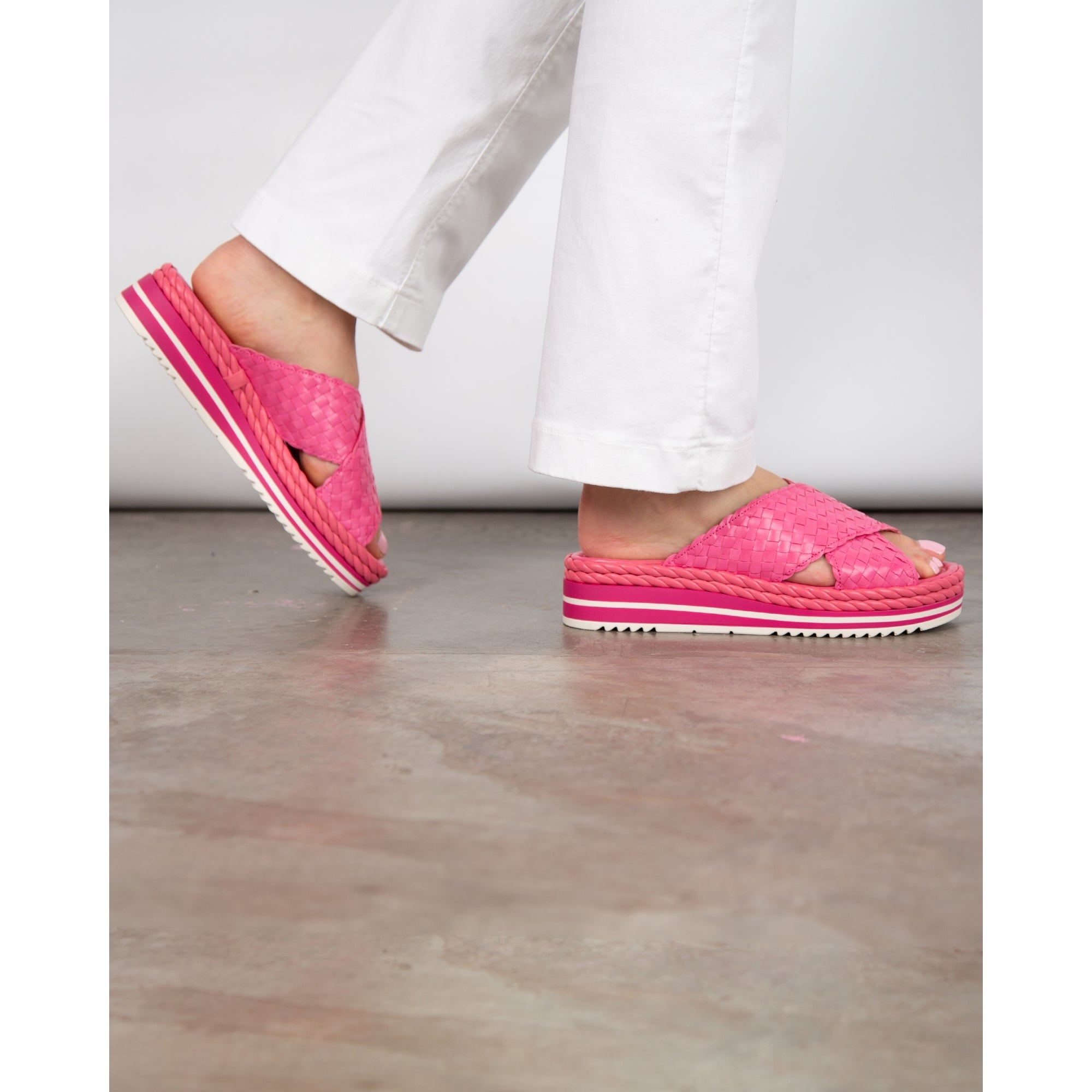 Pons Quintana Woven Cross Over Stripe Wedge Mules Pink