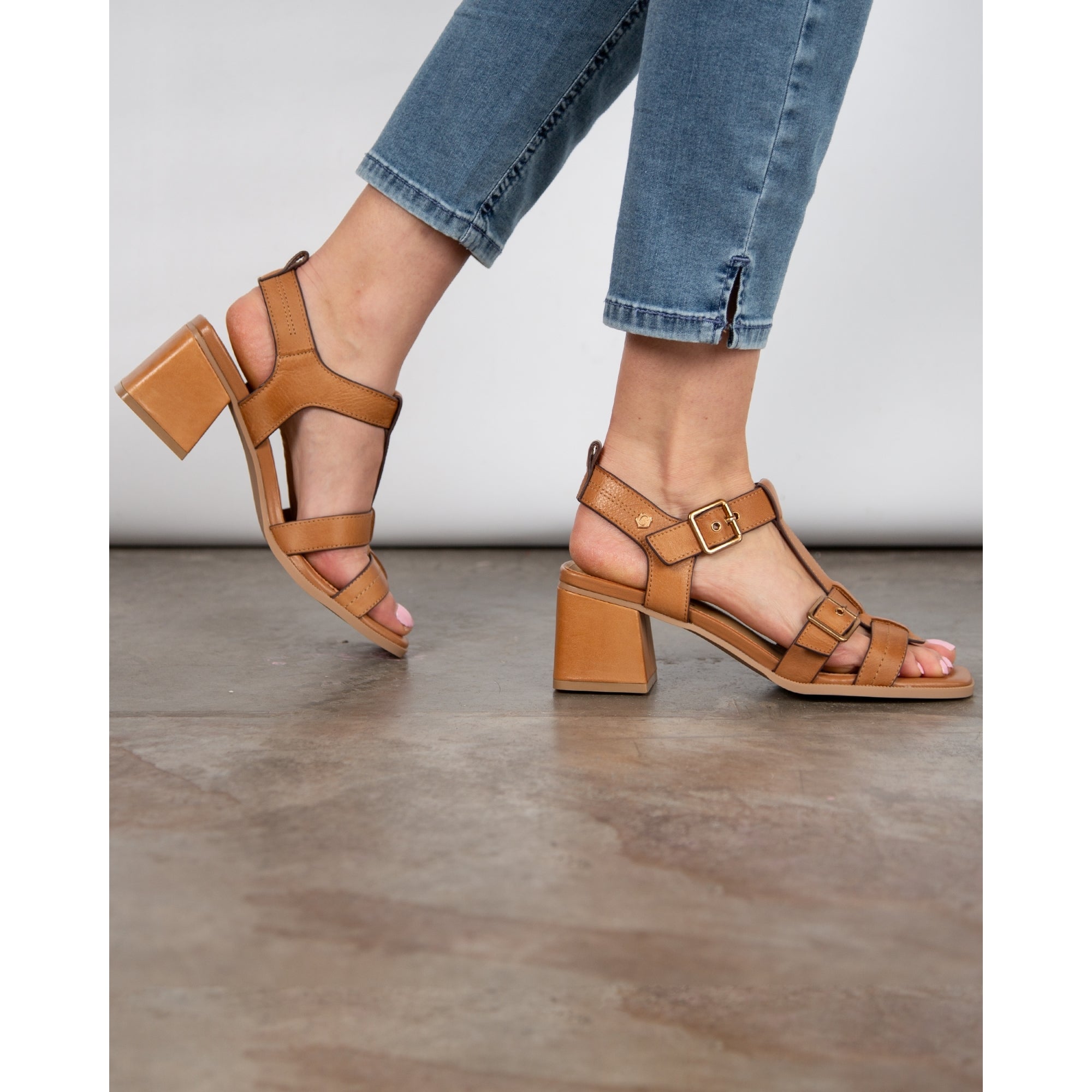 Carmela Twin Strap Block Heel Sandals With Buckle Camel