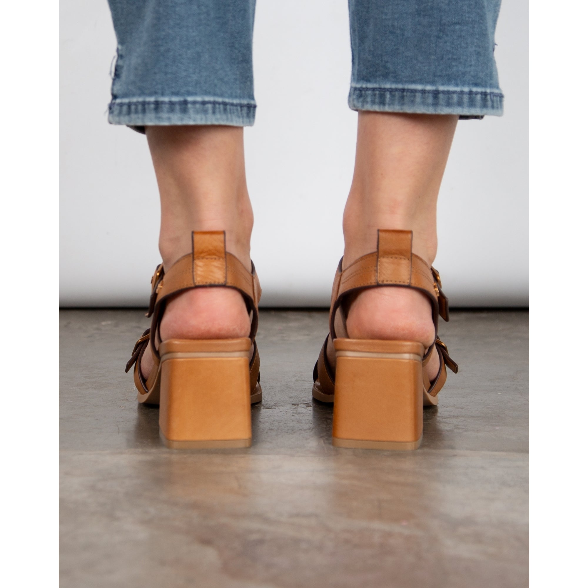 Carmela Twin Strap Block Heel Sandals With Buckle Camel