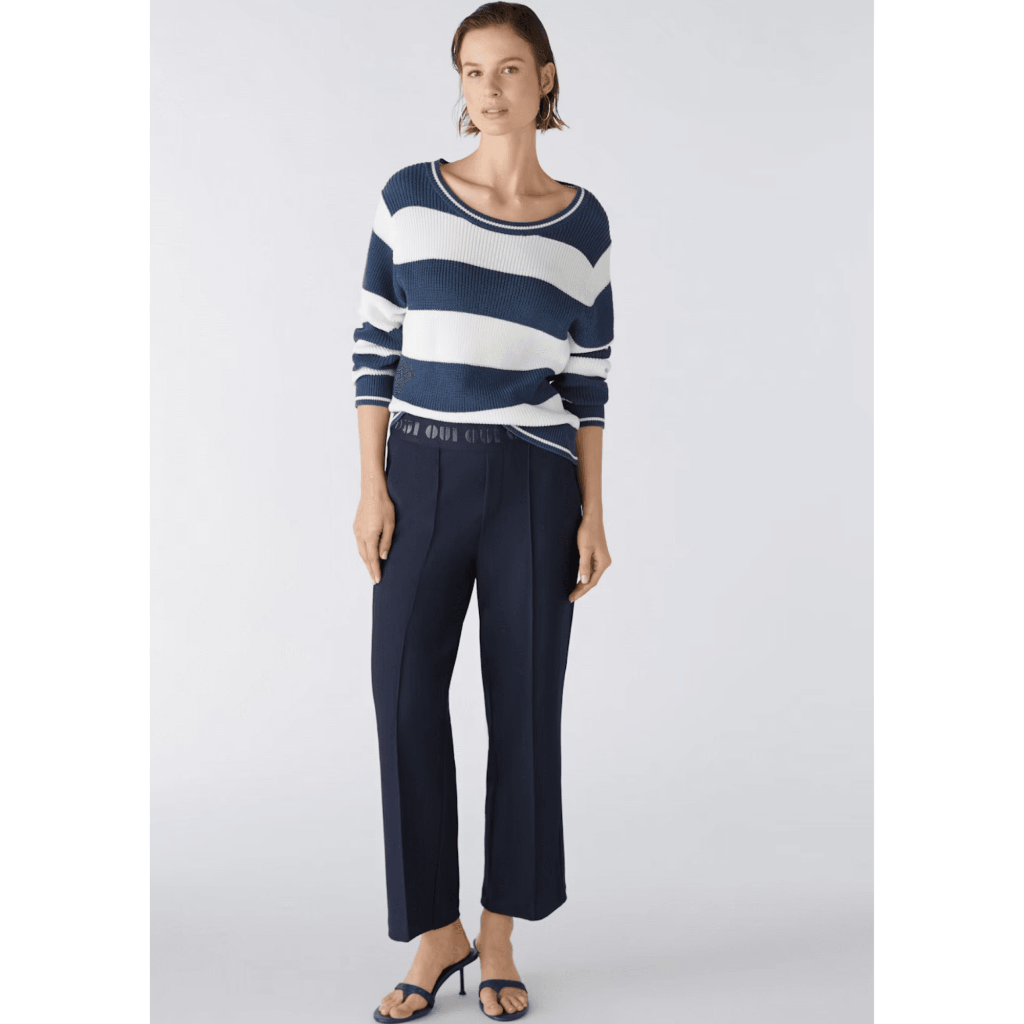 Oui Pull On Wide Leg Trouser With Elastic Waist Navy