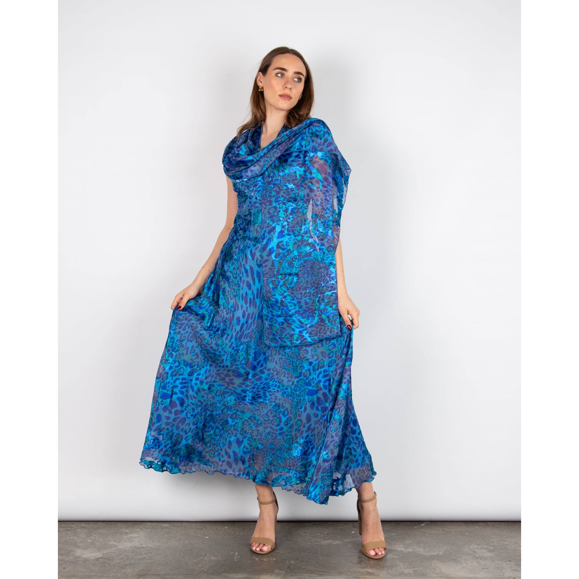 Allison Designs Leopard Print Silk Scarf To Match Dress Blue
