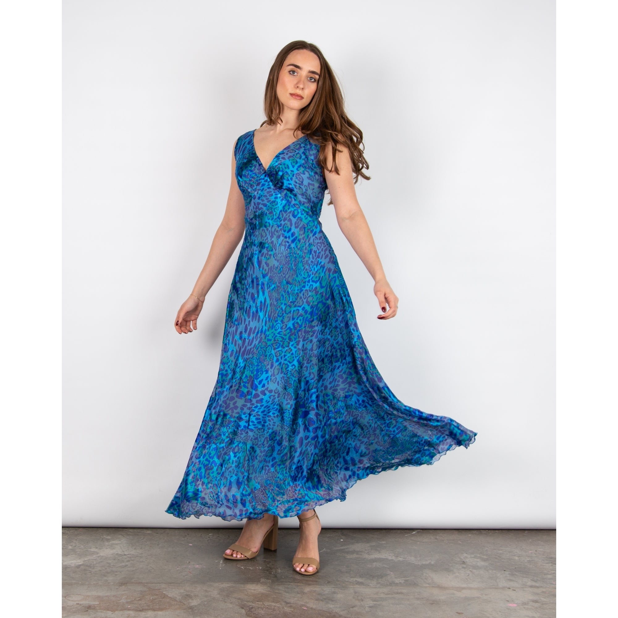 Allison Designs V Neck And Back Sleeveless Leopard Silk Dress Blue