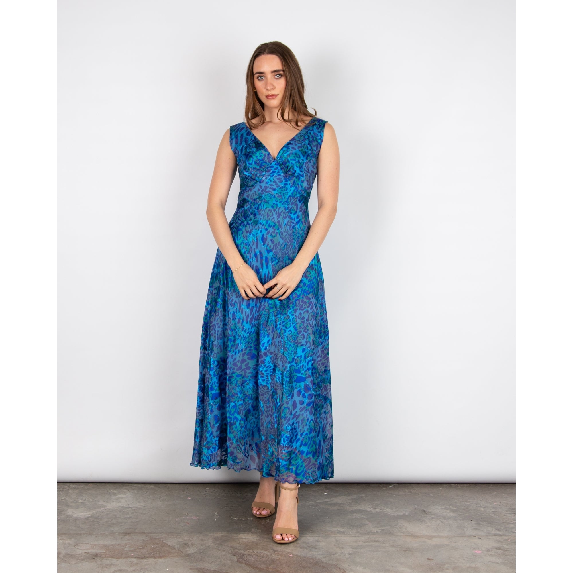 Allison Designs V Neck And Back Sleeveless Leopard Silk Dress Blue