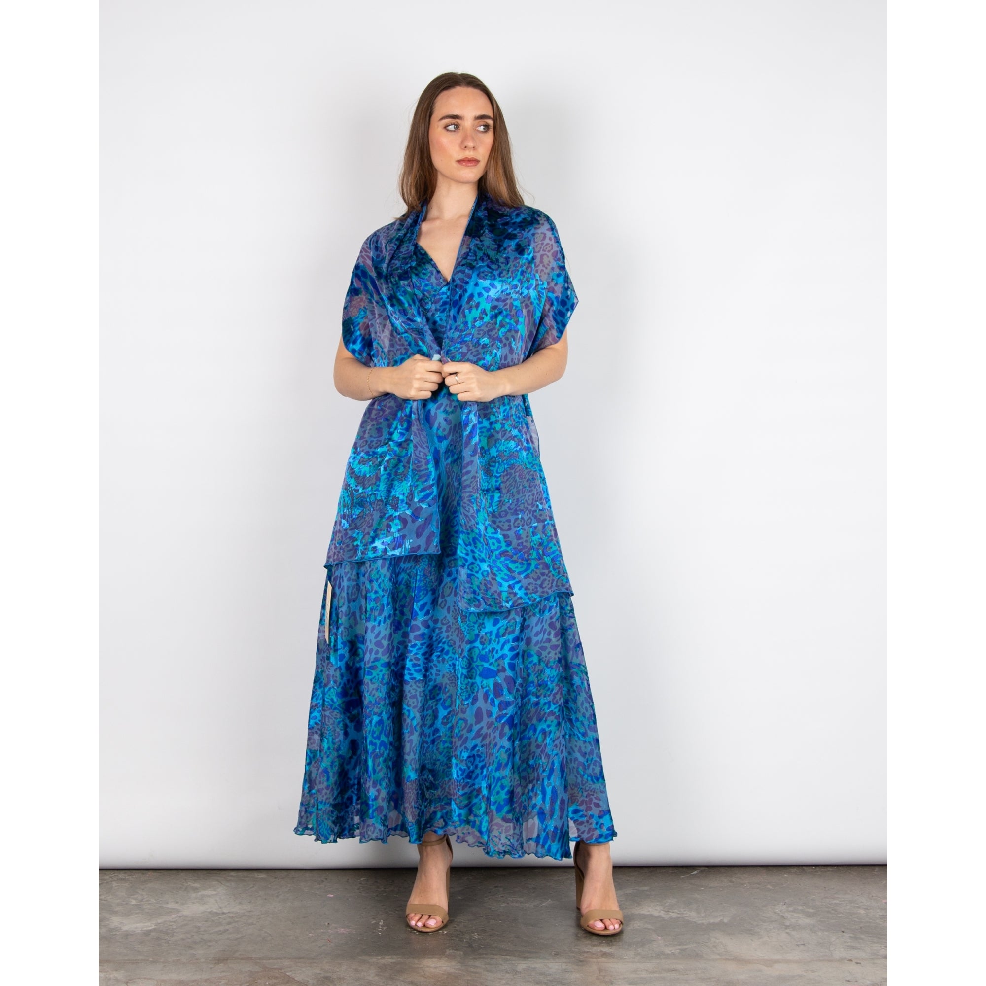 Allison Designs V Neck And Back Sleeveless Leopard Silk Dress Blue