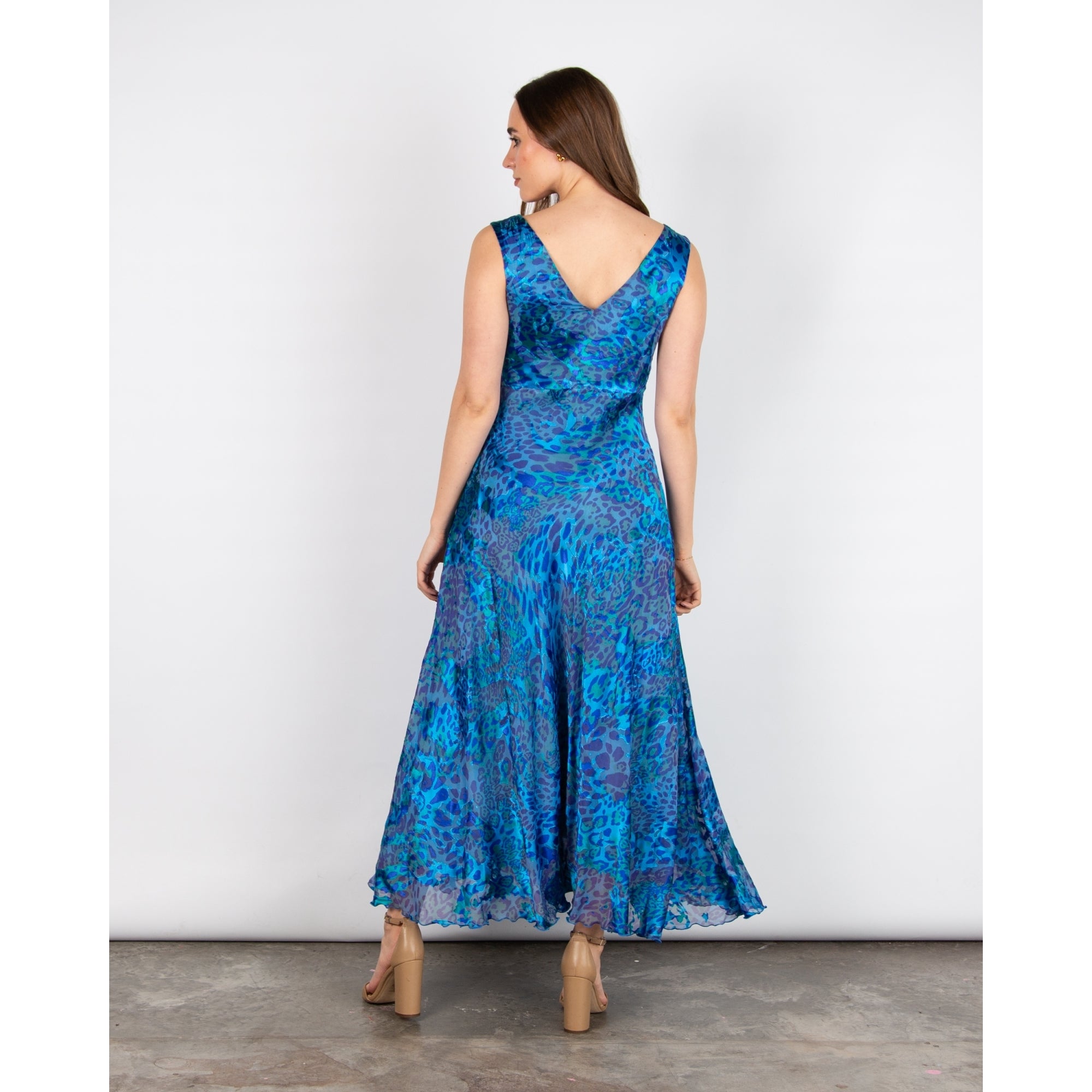 Allison Designs V Neck And Back Sleeveless Leopard Silk Dress Blue