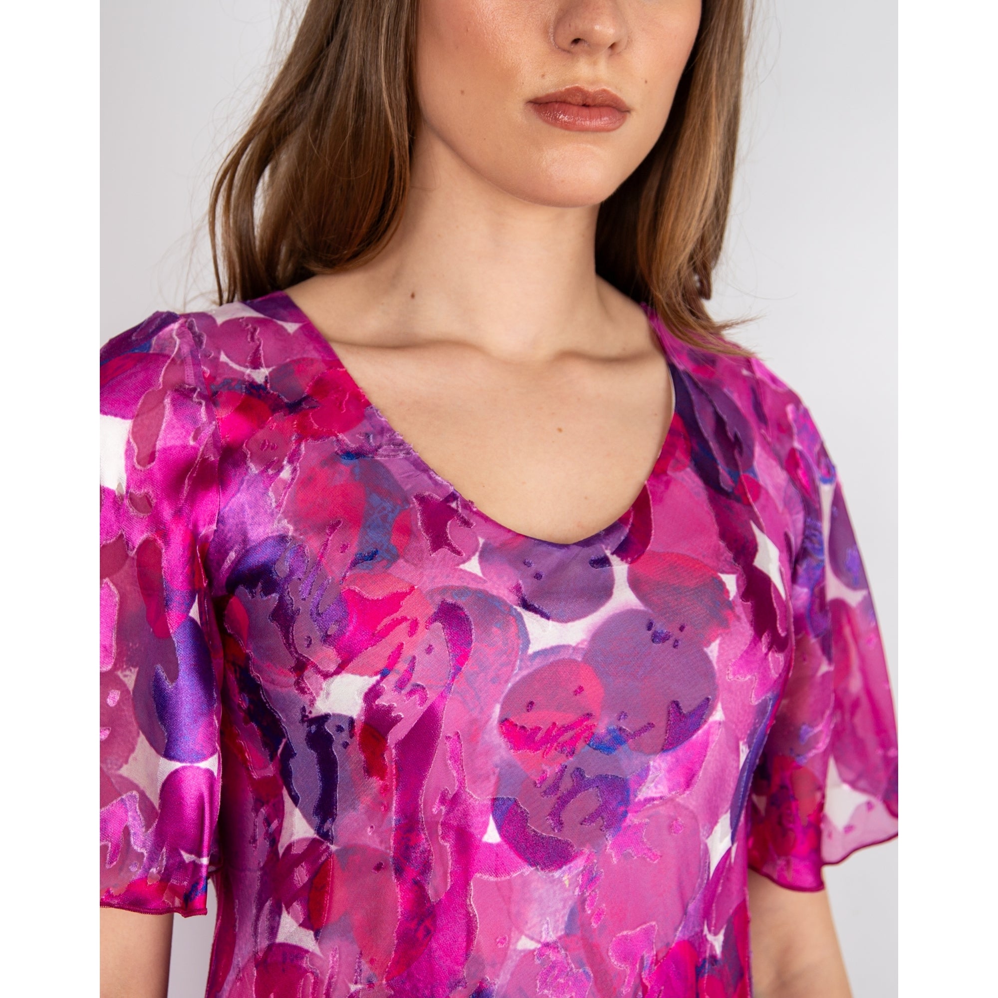 Allison Designs Round Neck Circle Print Tiered Hem Silk Dress Fuchsia Purple 22