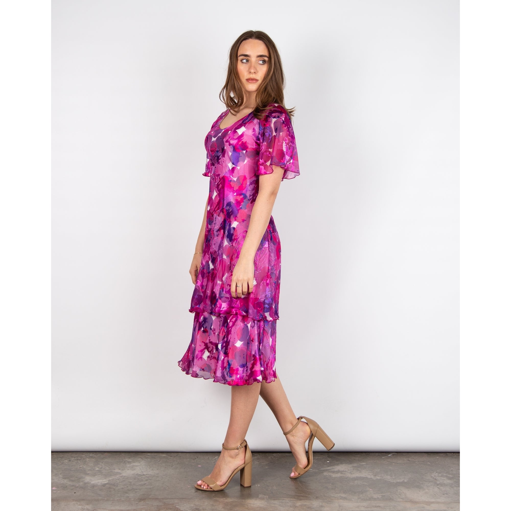 Allison Designs Round Neck Circle Print Tiered Hem Silk Dress Fuchsia Purple 22