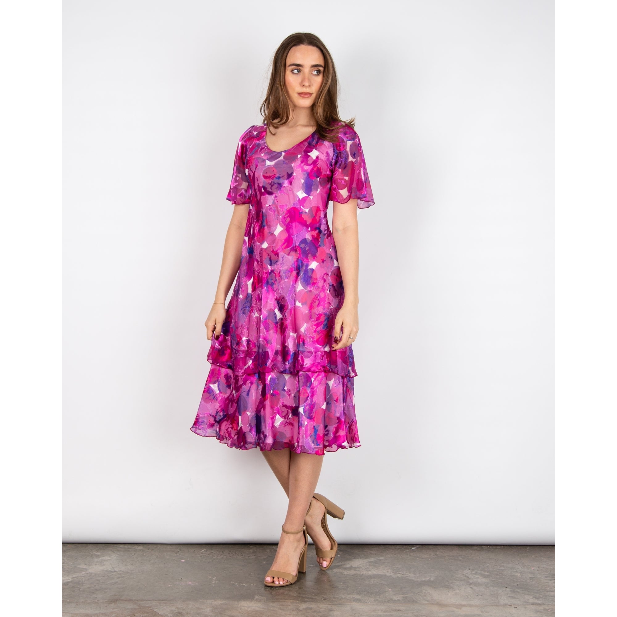 Allison Designs Round Neck Circle Print Tiered Hem Silk Dress Fuchsia Purple 22