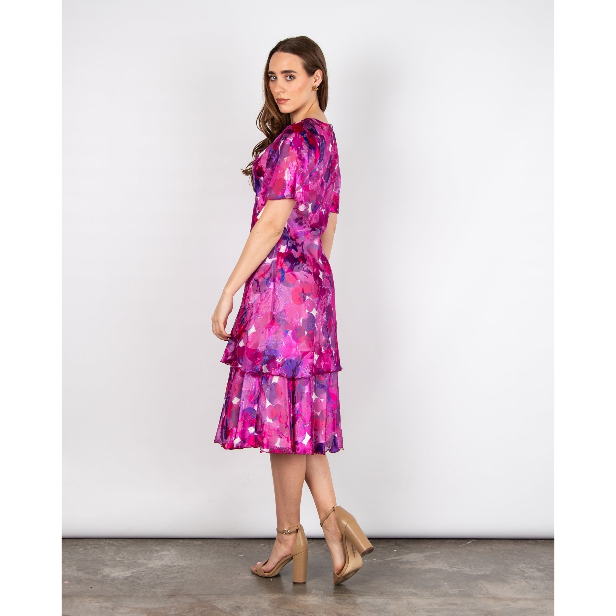 Allison Designs Round Neck Circle Print Tiered Hem Silk Dress Fuchsia Purple 22