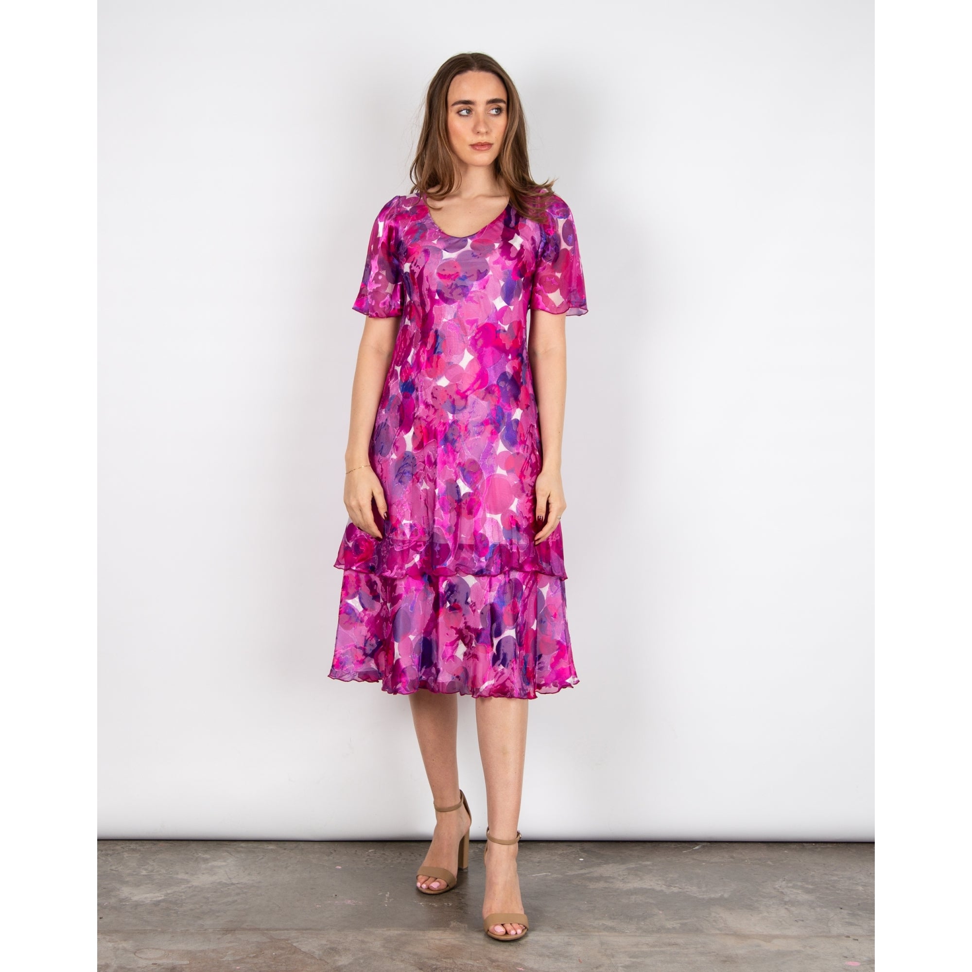 Allison Designs Round Neck Circle Print Tiered Hem Silk Dress Fuchsia Purple 22