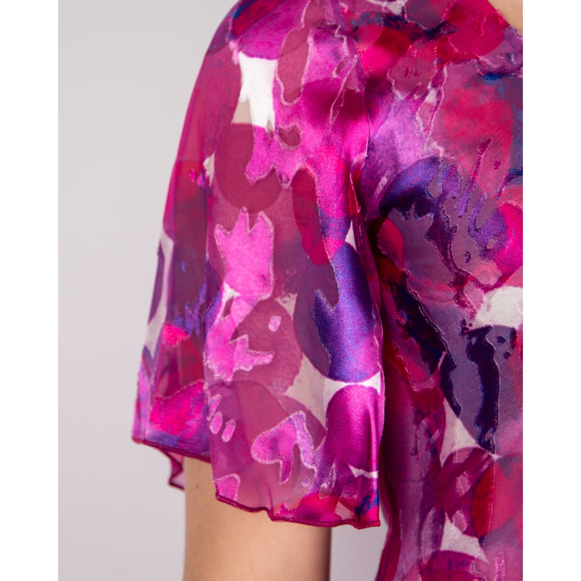 Allison Designs Round Neck Circle Print Tiered Hem Silk Dress Fuchsia Purple 22