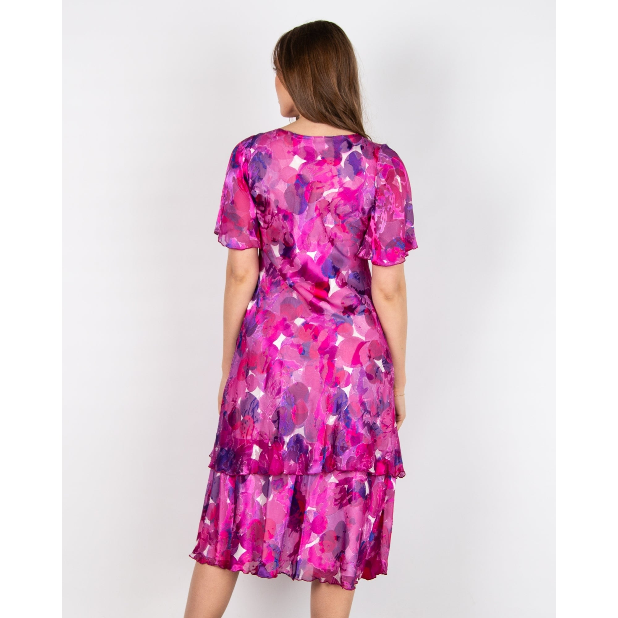 Allison Designs Round Neck Circle Print Tiered Hem Silk Dress Fuchsia Purple 22