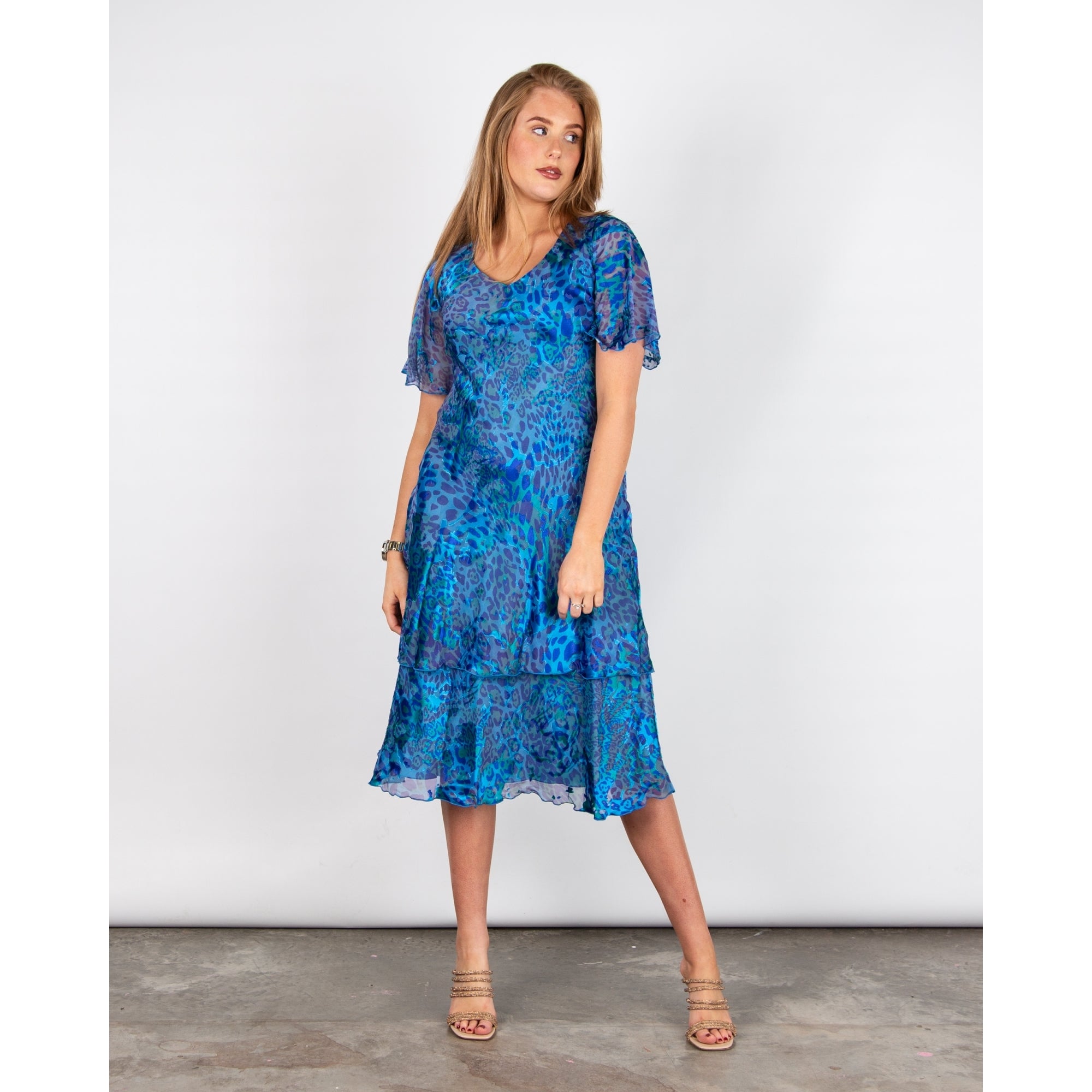 Allison Designs V Neck Animal Print Tiered Hem Silk Dress Royal Animal 10