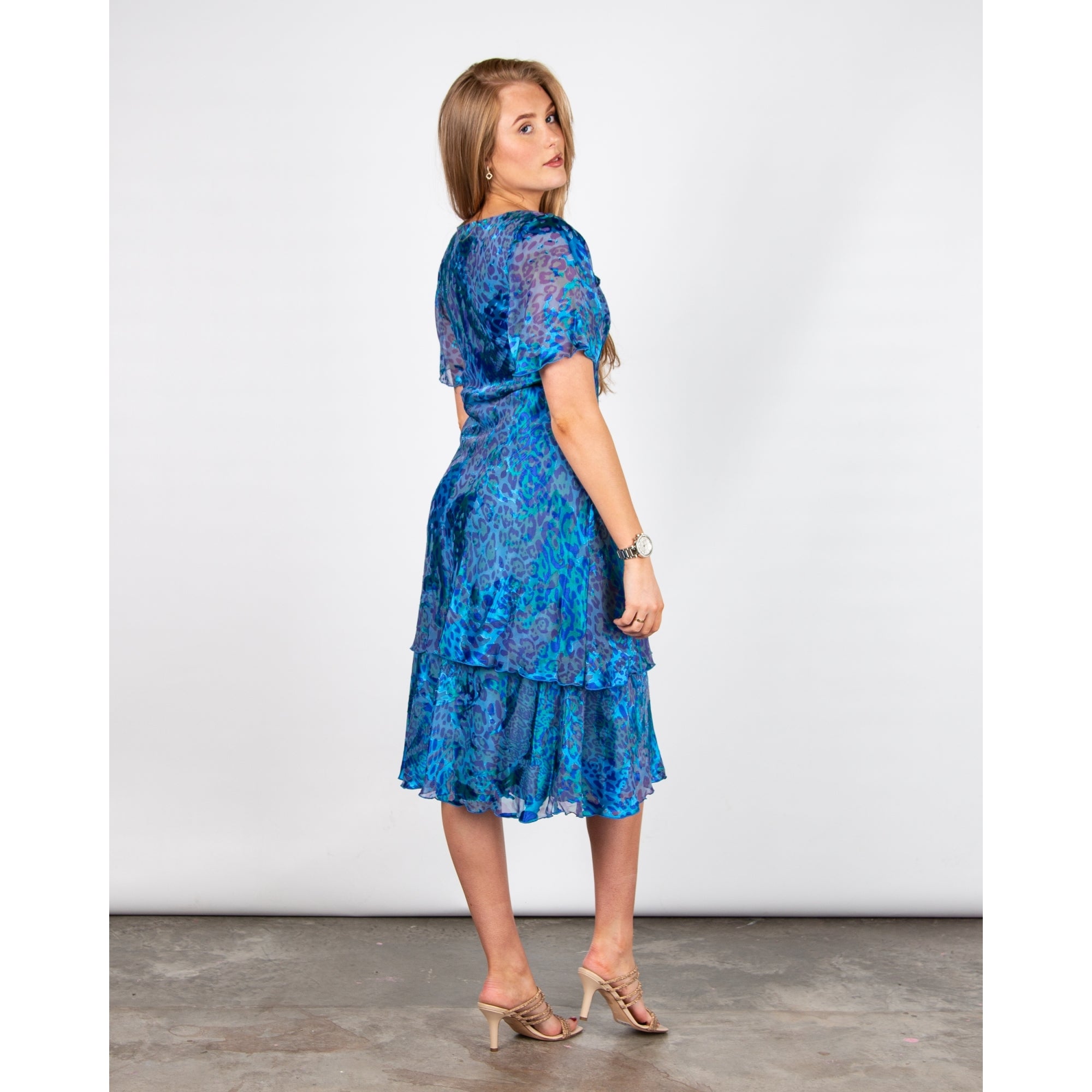 Allison Designs V Neck Animal Print Tiered Hem Silk Dress Royal Animal 10