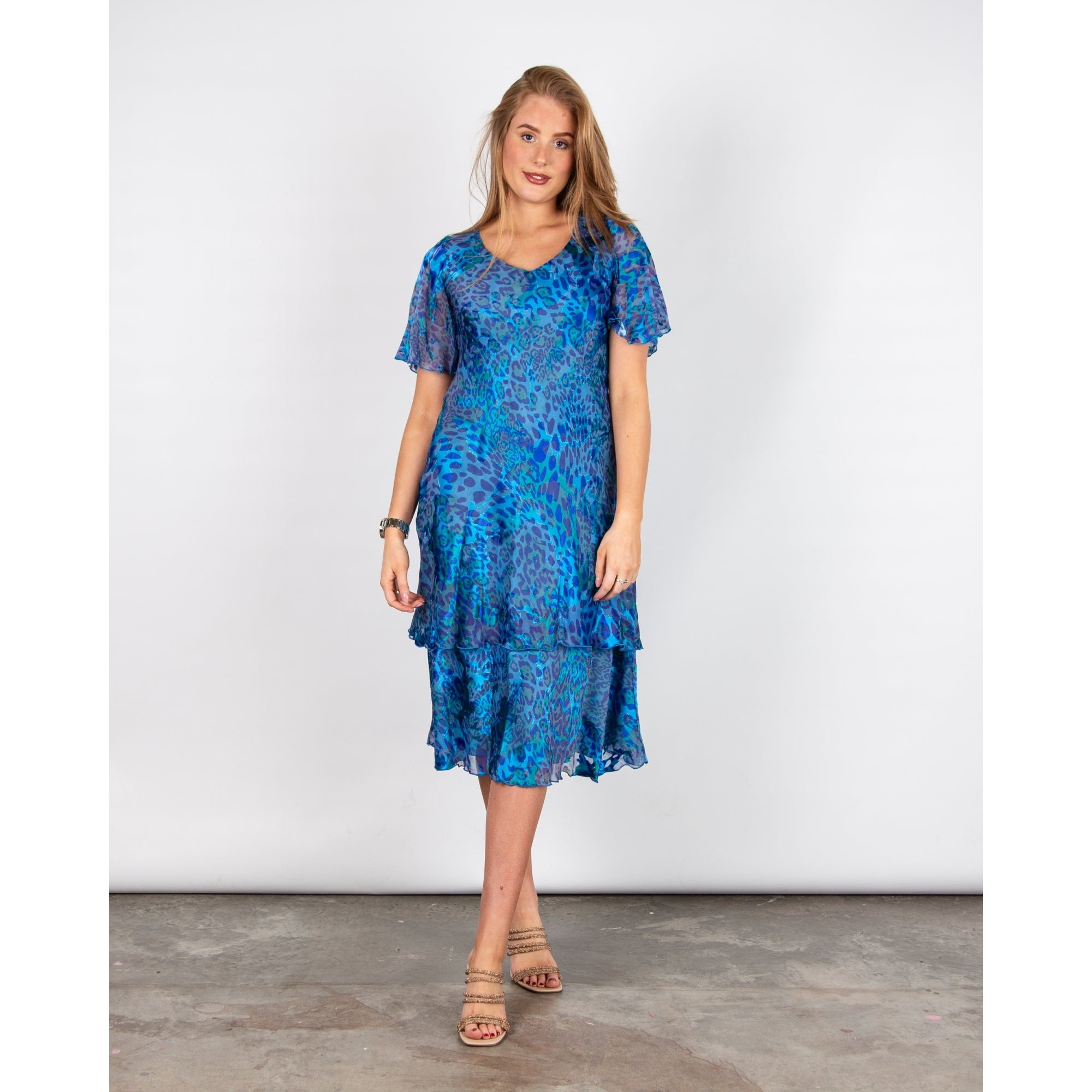 Allison Designs V Neck Animal Print Tiered Hem Silk Dress Royal Animal 10