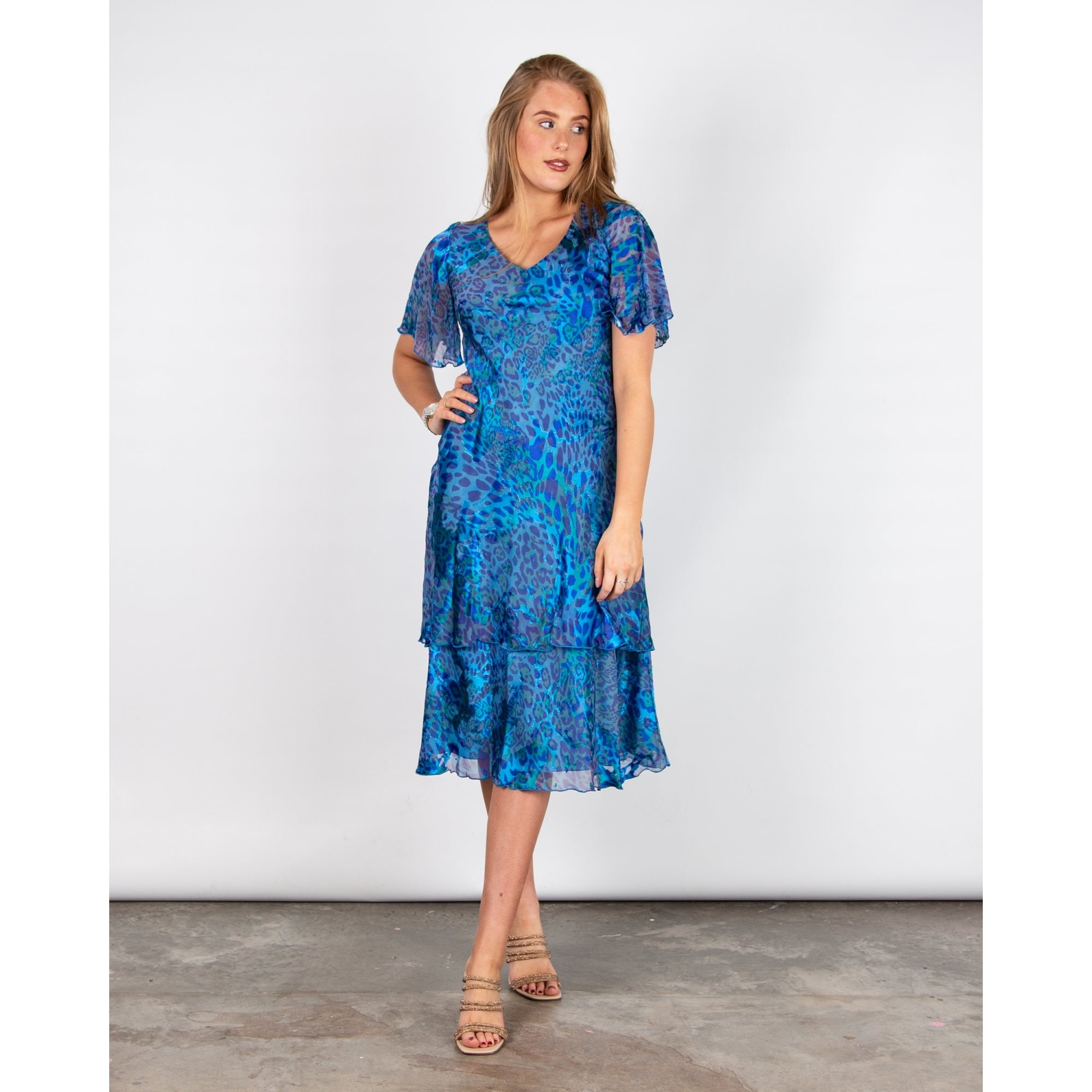 Allison Designs V Neck Animal Print Tiered Hem Silk Dress Royal Animal 10