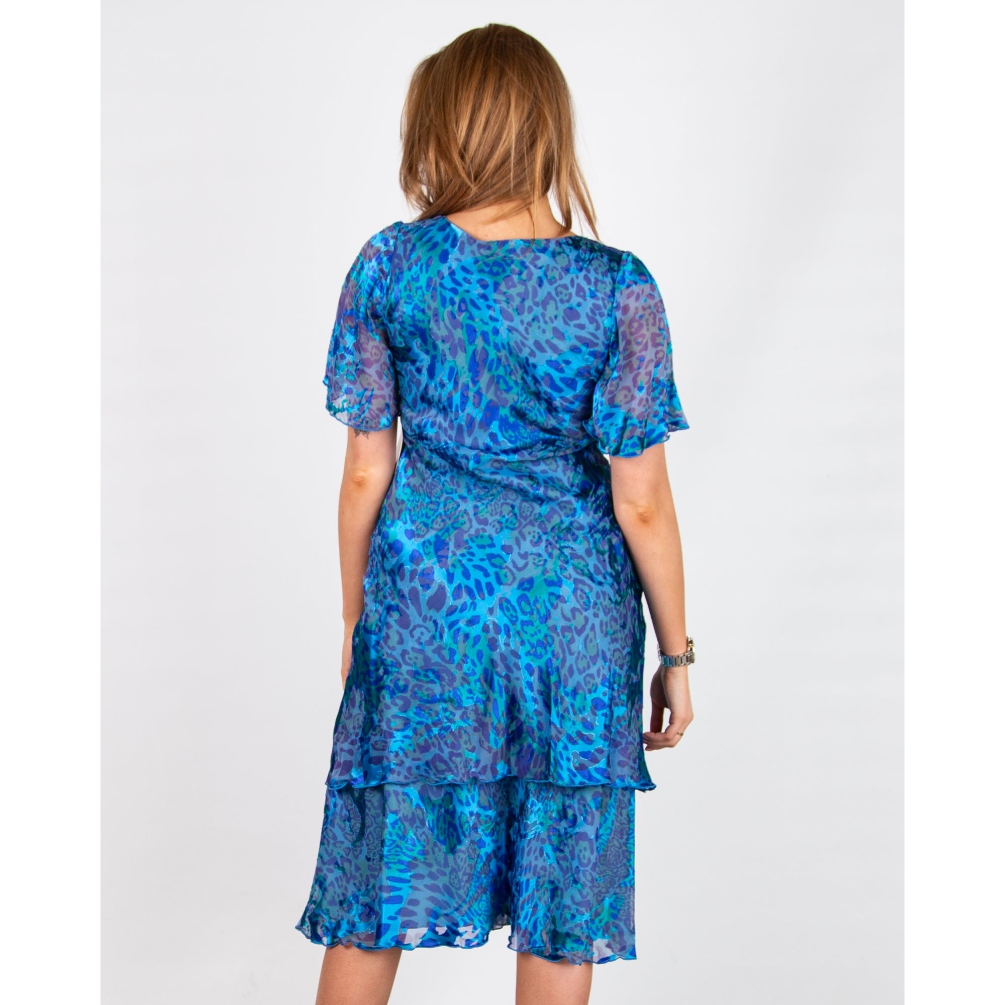 Allison Designs V Neck Animal Print Tiered Hem Silk Dress Royal Animal 10