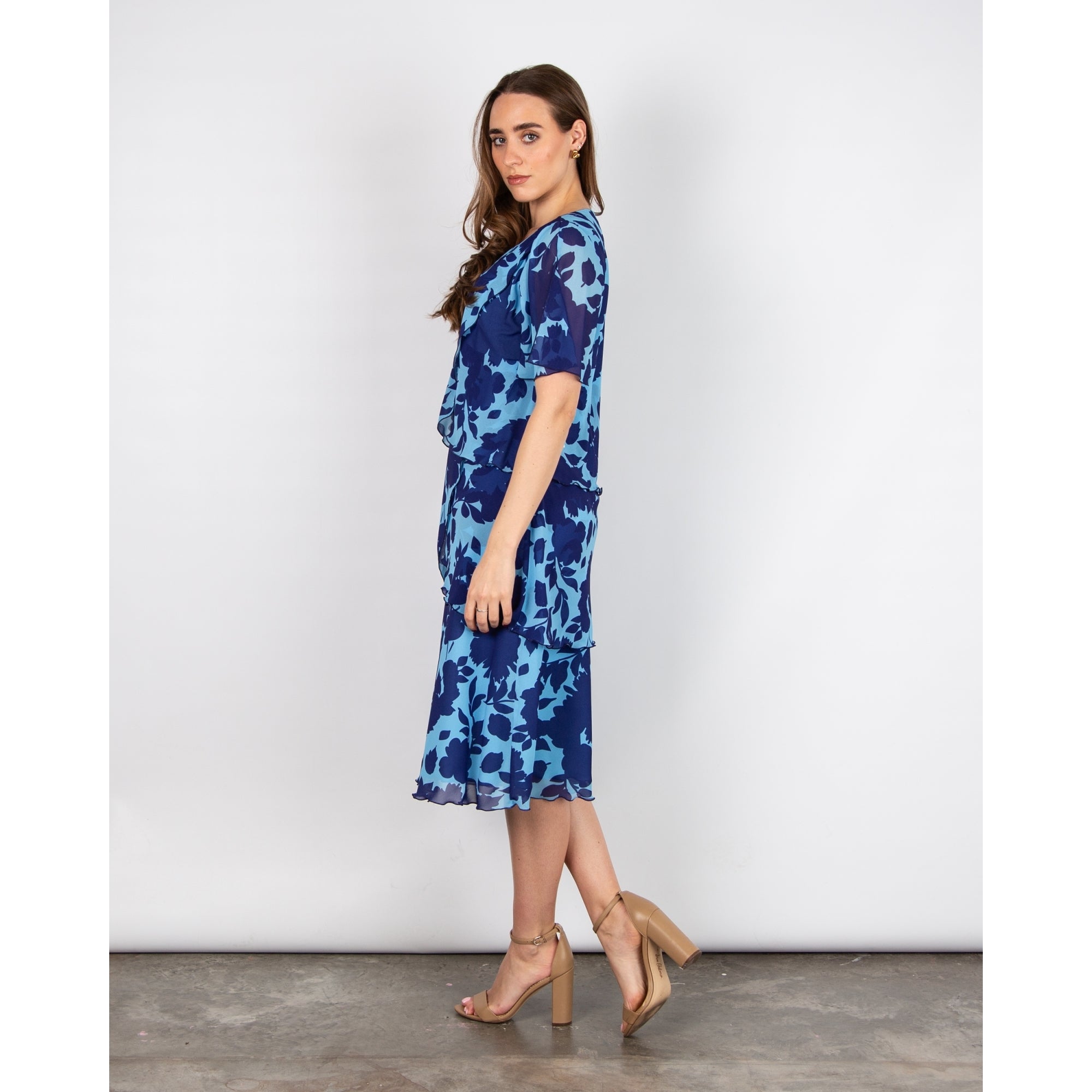 Allison Designs V Neck Floral Print Tiered Dress Sky Blue/navy 05