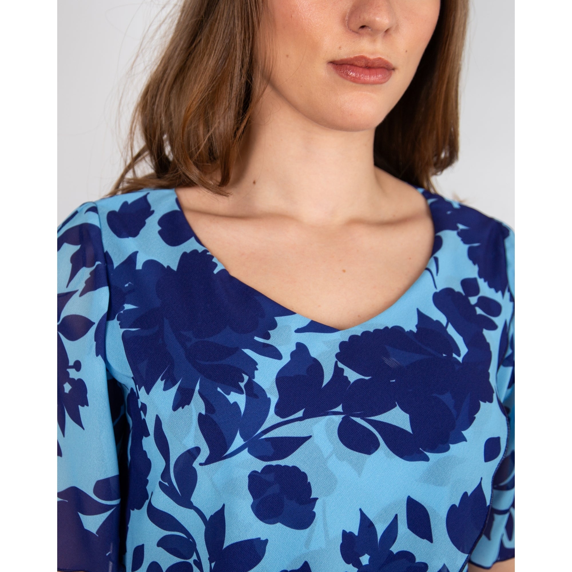 Allison Designs V Neck Floral Print Tiered Dress Sky Blue/navy 05