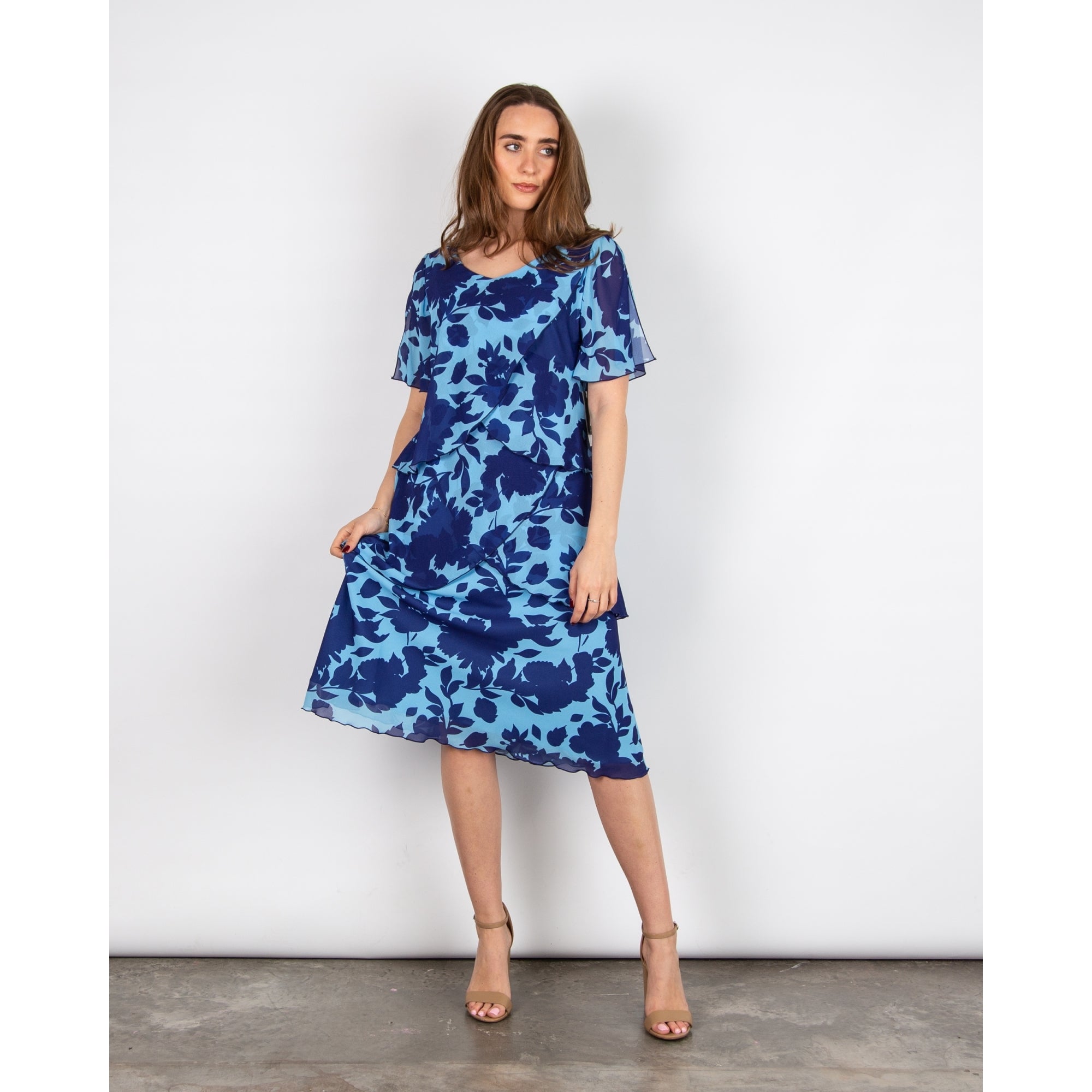 Allison Designs V Neck Floral Print Tiered Dress Sky Blue/navy 05