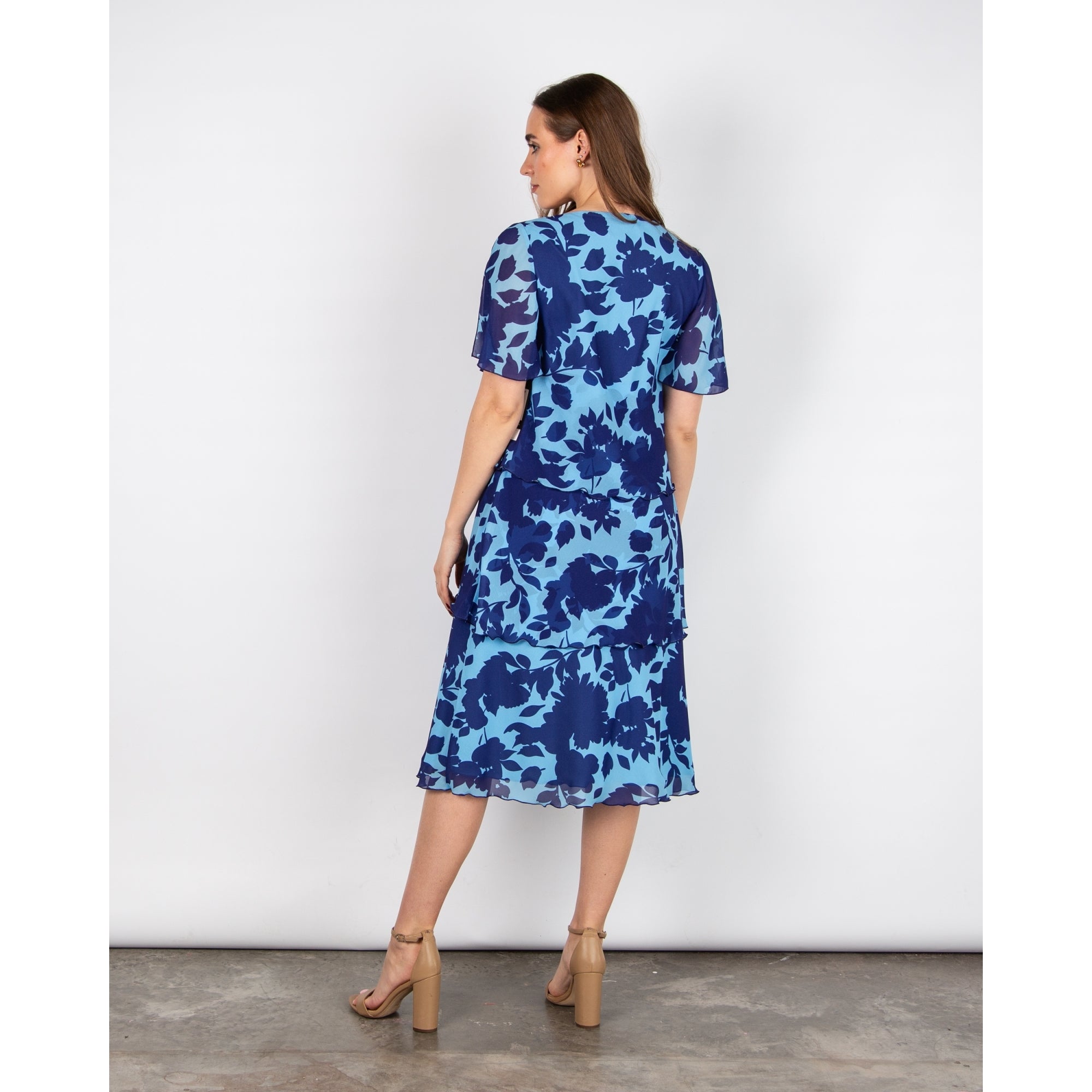 Allison Designs V Neck Floral Print Tiered Dress Sky Blue/navy 05