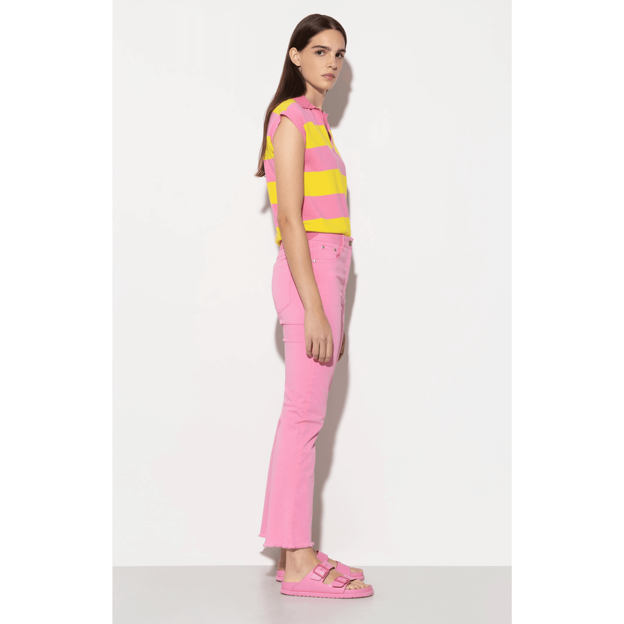 Luisa Cerano Raw Edge Kick Flare Stretch Cotton Jean Bubblegum Pink
