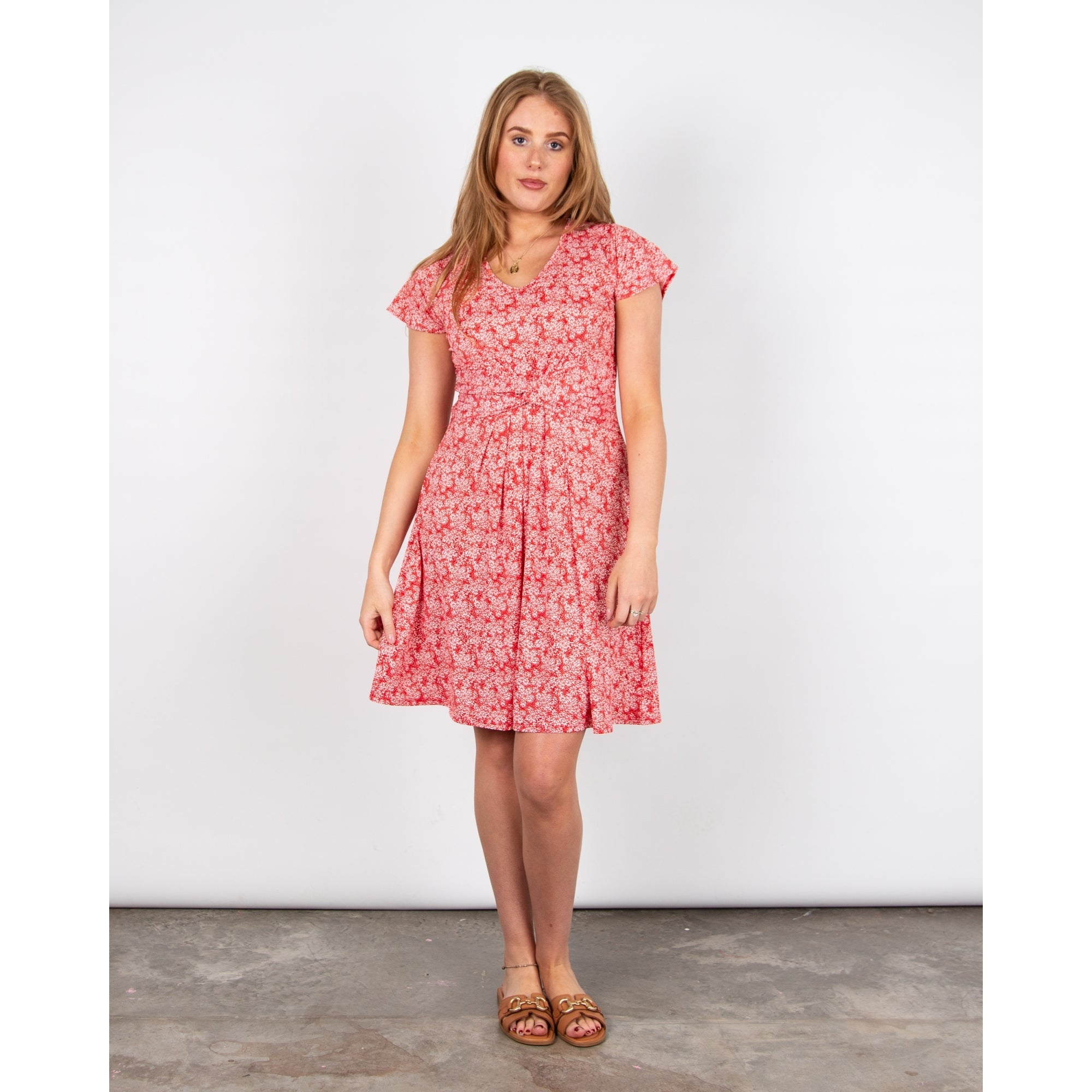 Marble Fashions Floral Jersey Short Dress With Knot Front Red/White 109