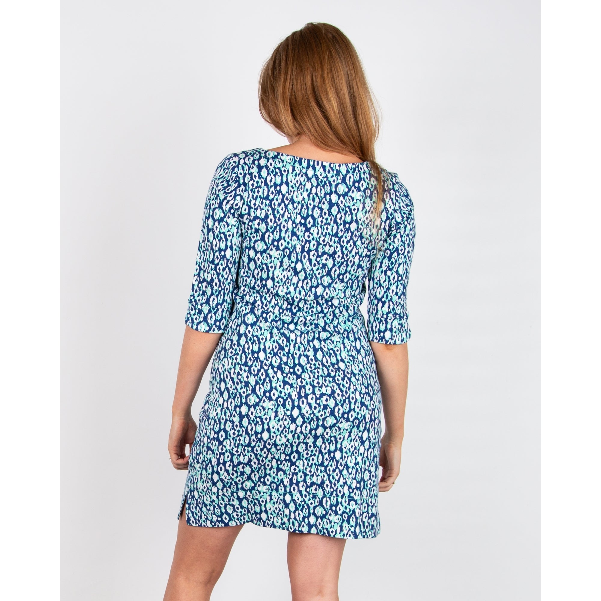 Hatley Lucy Ikat Print 3/4 Sleeve Split Neck Fitted Dress Shibori Ikat