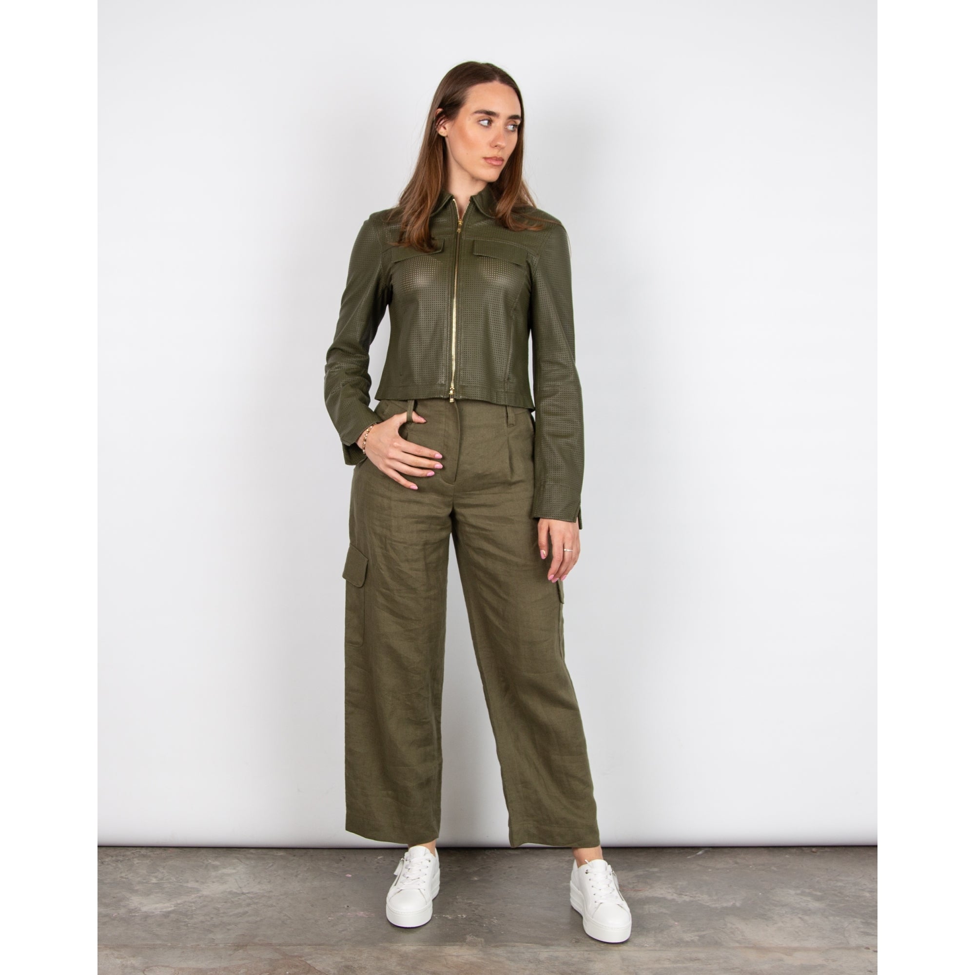 Riani Perforated Leather Short Zip Jacket Khaki 549