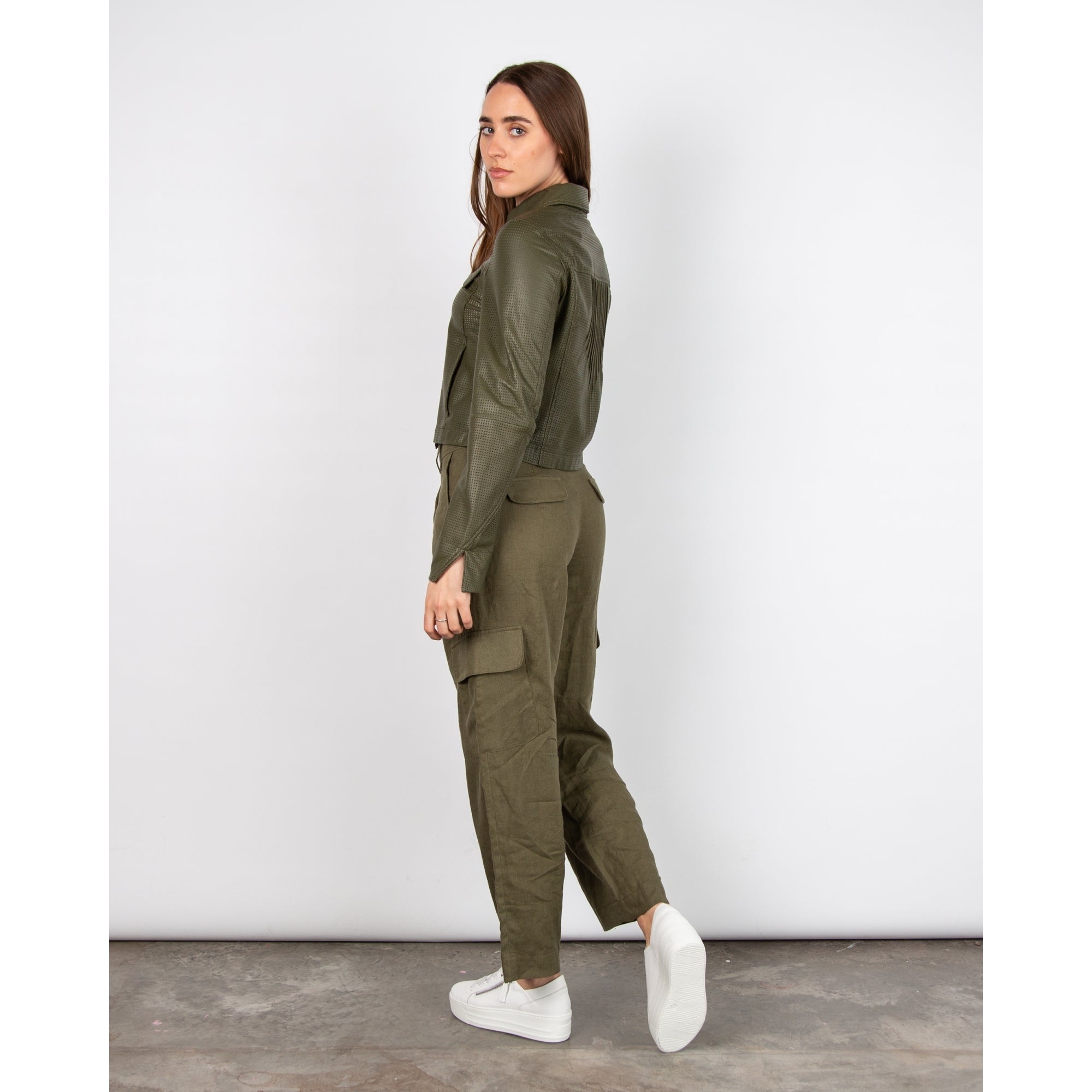 Riani Perforated Leather Short Zip Jacket Khaki 549