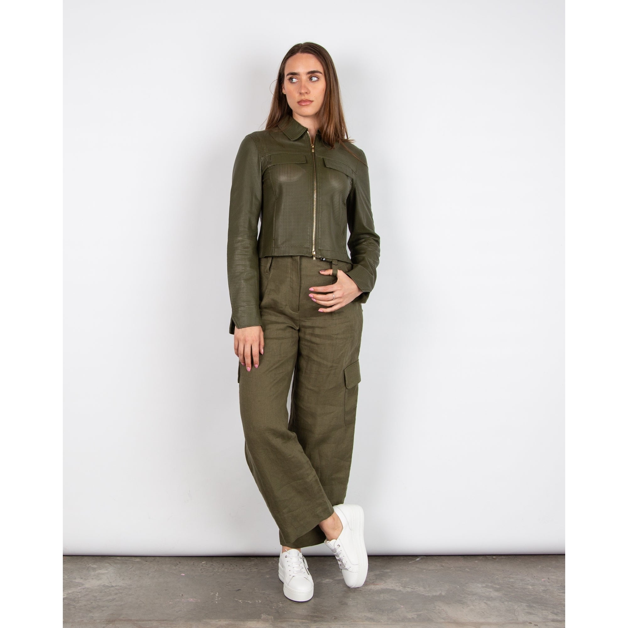 Riani Perforated Leather Short Zip Jacket Khaki 549