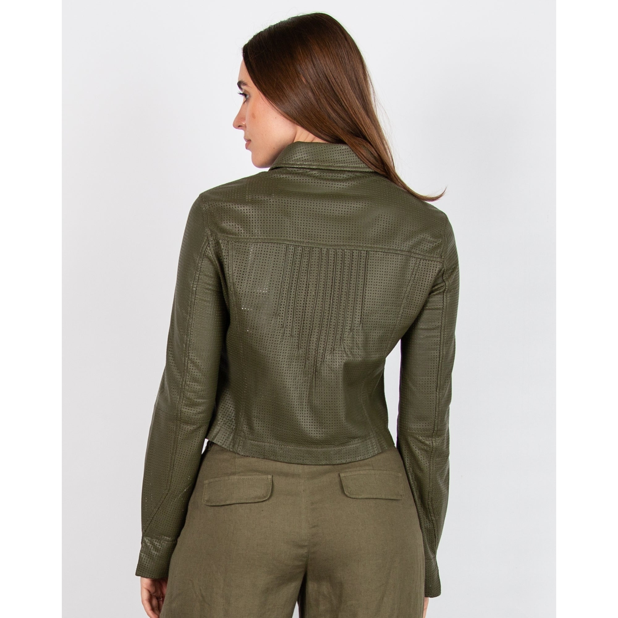 Riani Perforated Leather Short Zip Jacket Khaki 549
