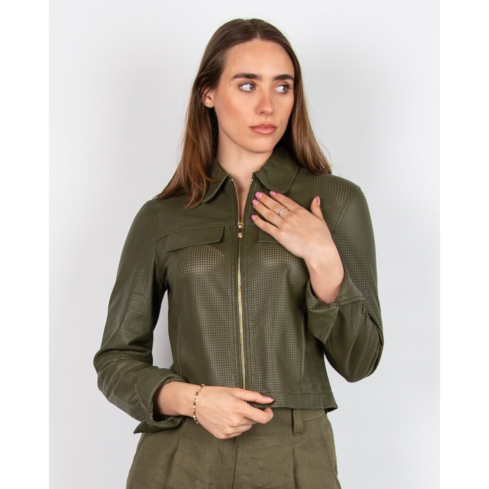 Riani Perforated Leather Short Zip Jacket Khaki 549