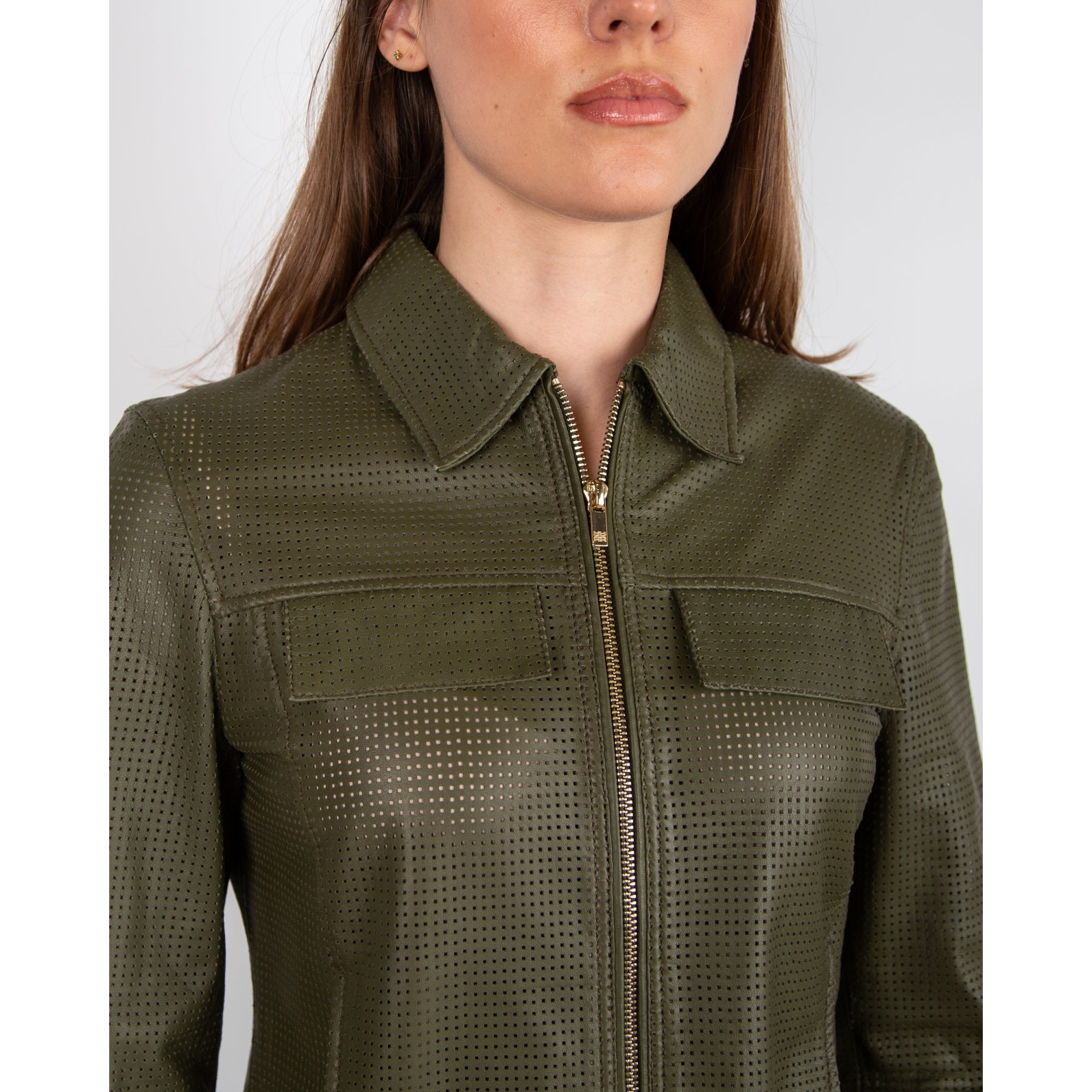 Riani Perforated Leather Short Zip Jacket Khaki 549