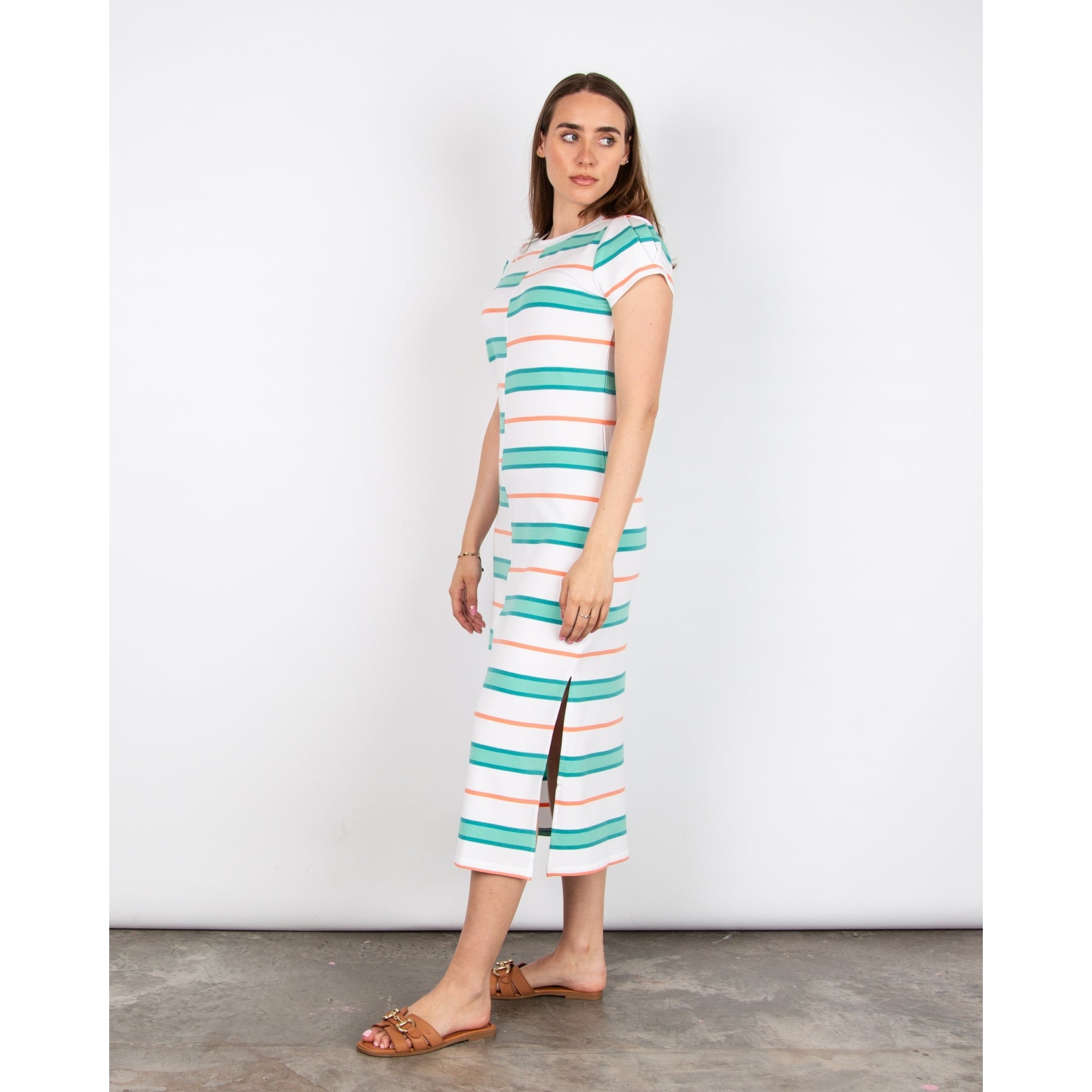 Hatley Sierra Off Centre Stripe Fitted Midi Dress Side Split Seaside Stripes