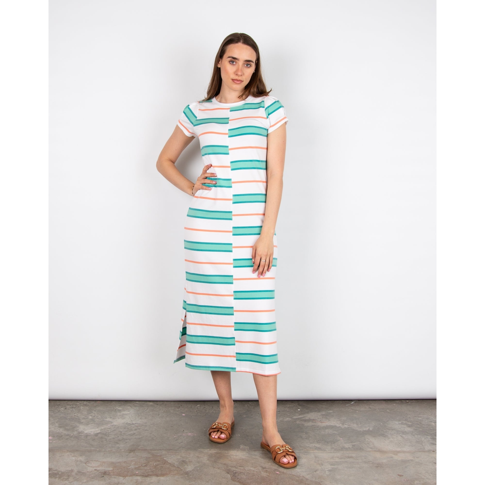 Hatley Sierra Off Centre Stripe Fitted Midi Dress Side Split Seaside Stripes