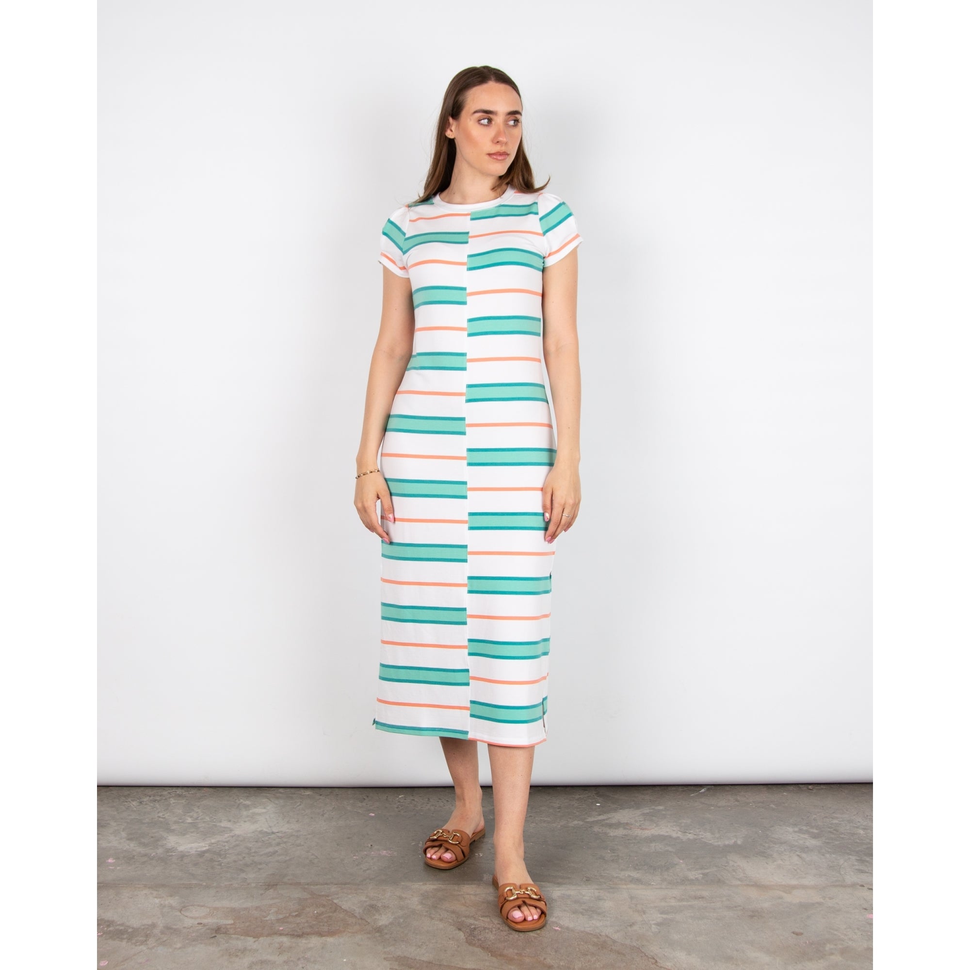 Hatley Sierra Off Centre Stripe Fitted Midi Dress Side Split Seaside Stripes