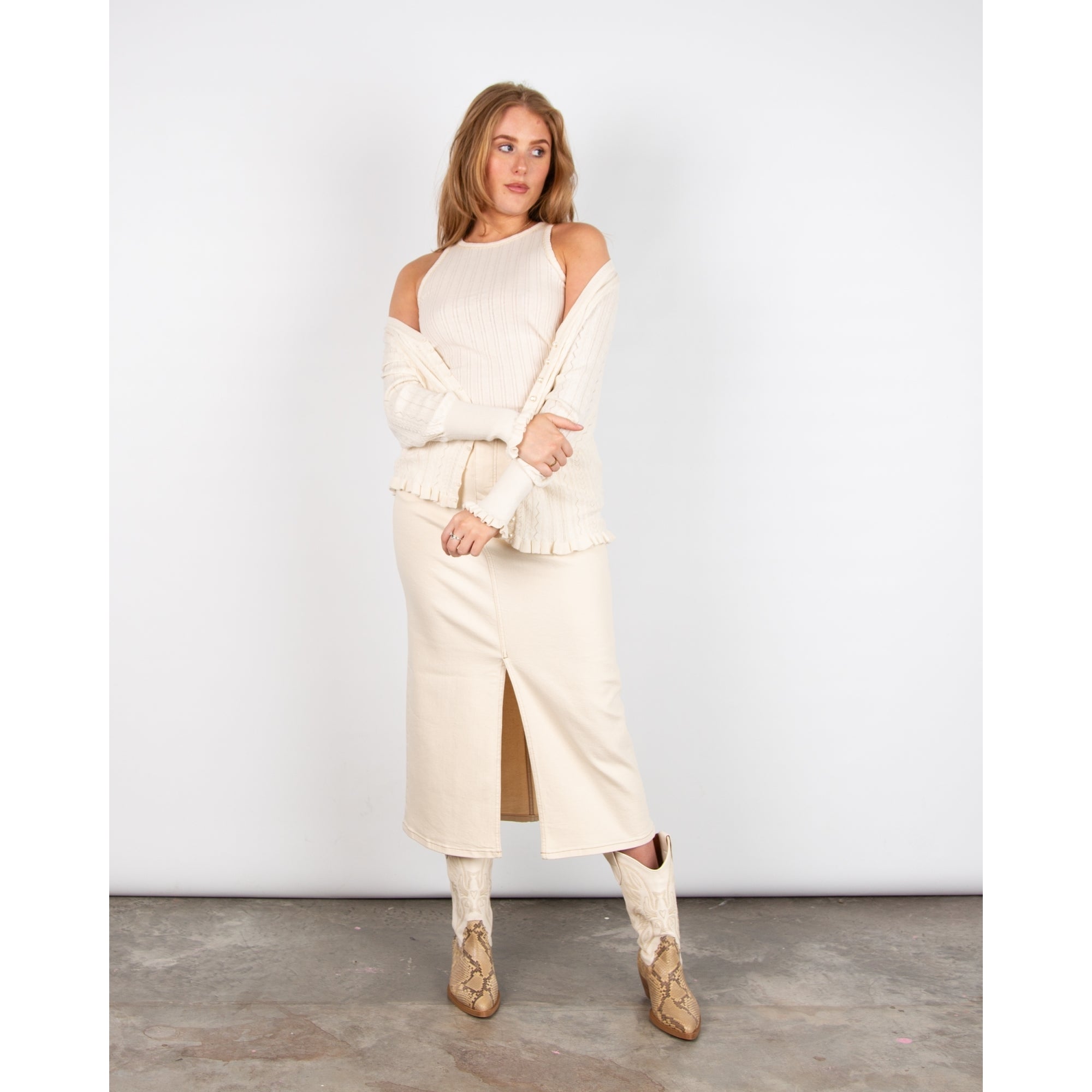 Mos Mosh Mella Long Denim Skirt With Front Split Ecru