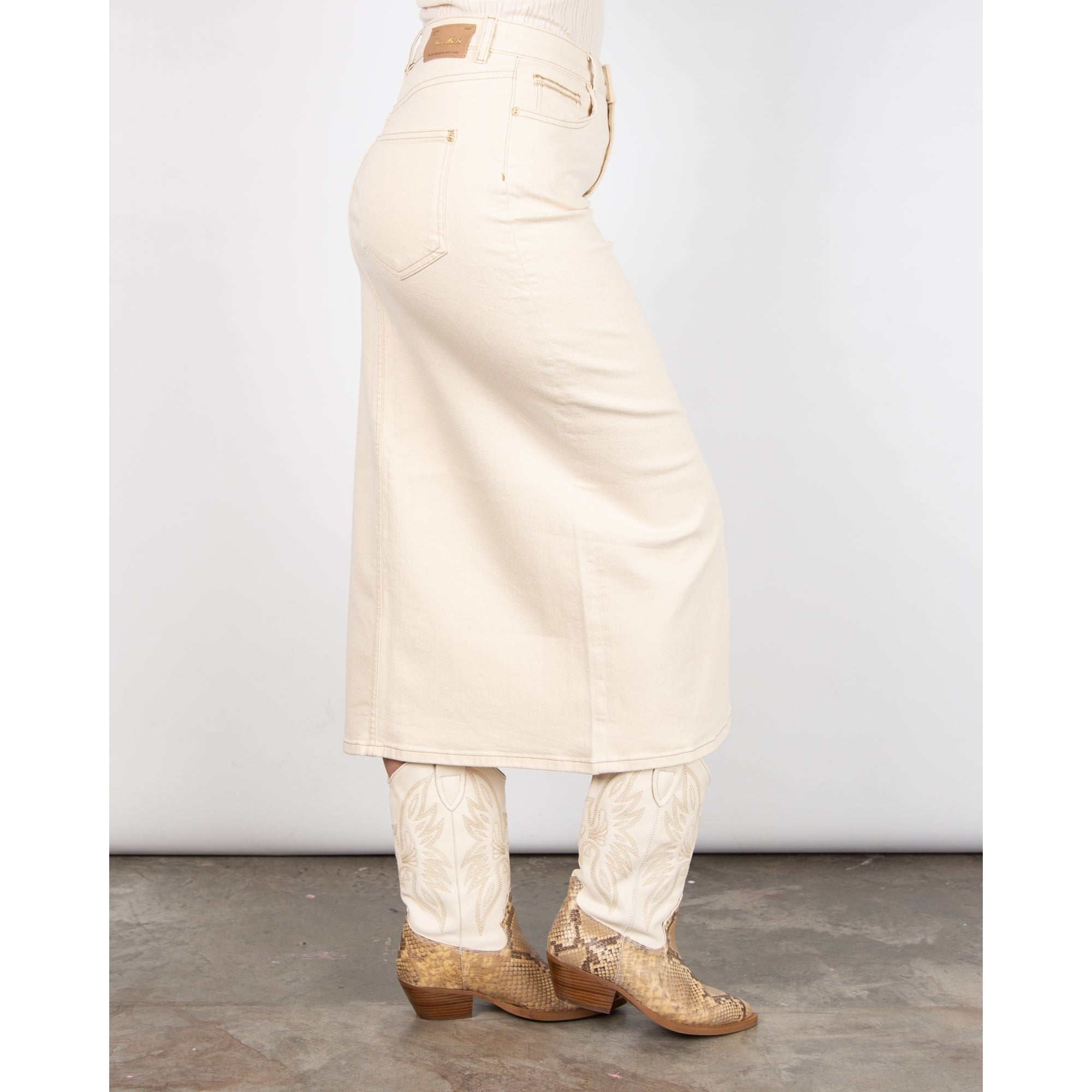 Mos Mosh Mella Long Denim Skirt With Front Split Ecru
