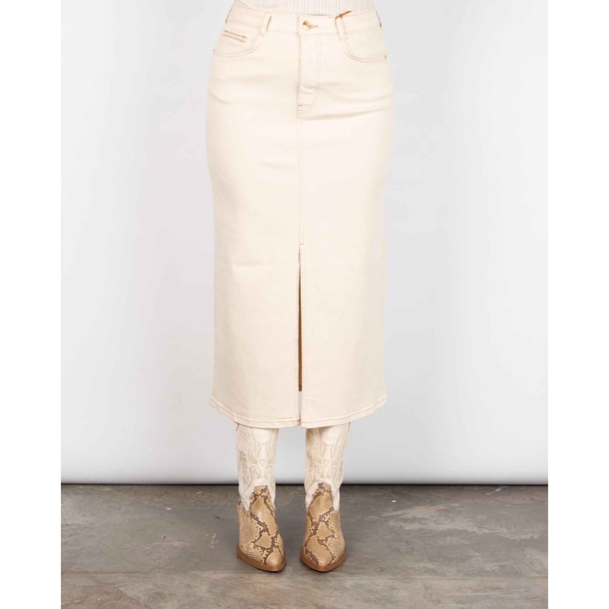Mos Mosh Mella Long Denim Skirt With Front Split Ecru
