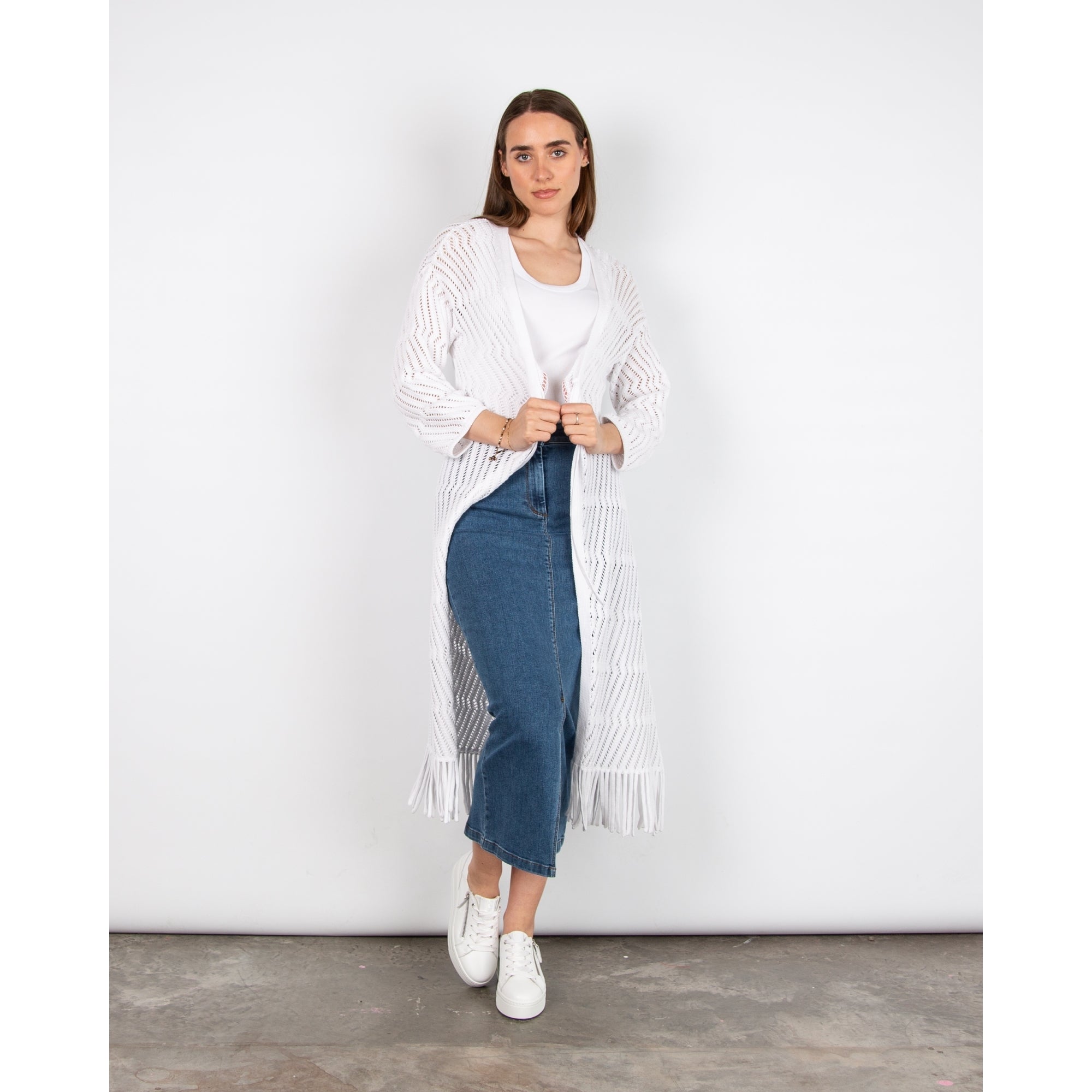Riani Zigzag Crochet Tassel Hem Long Cardigan White