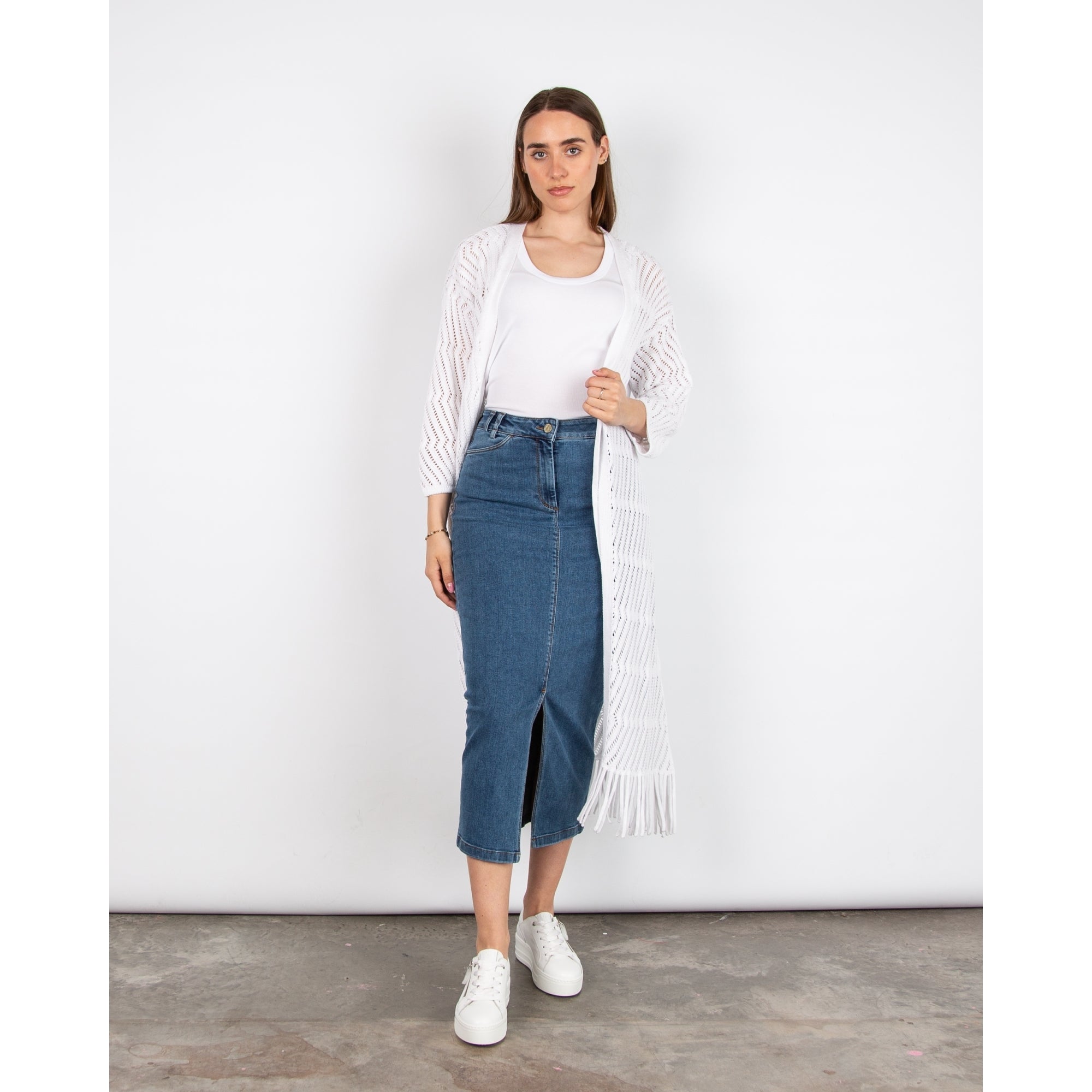 Riani Zigzag Crochet Tassel Hem Long Cardigan White