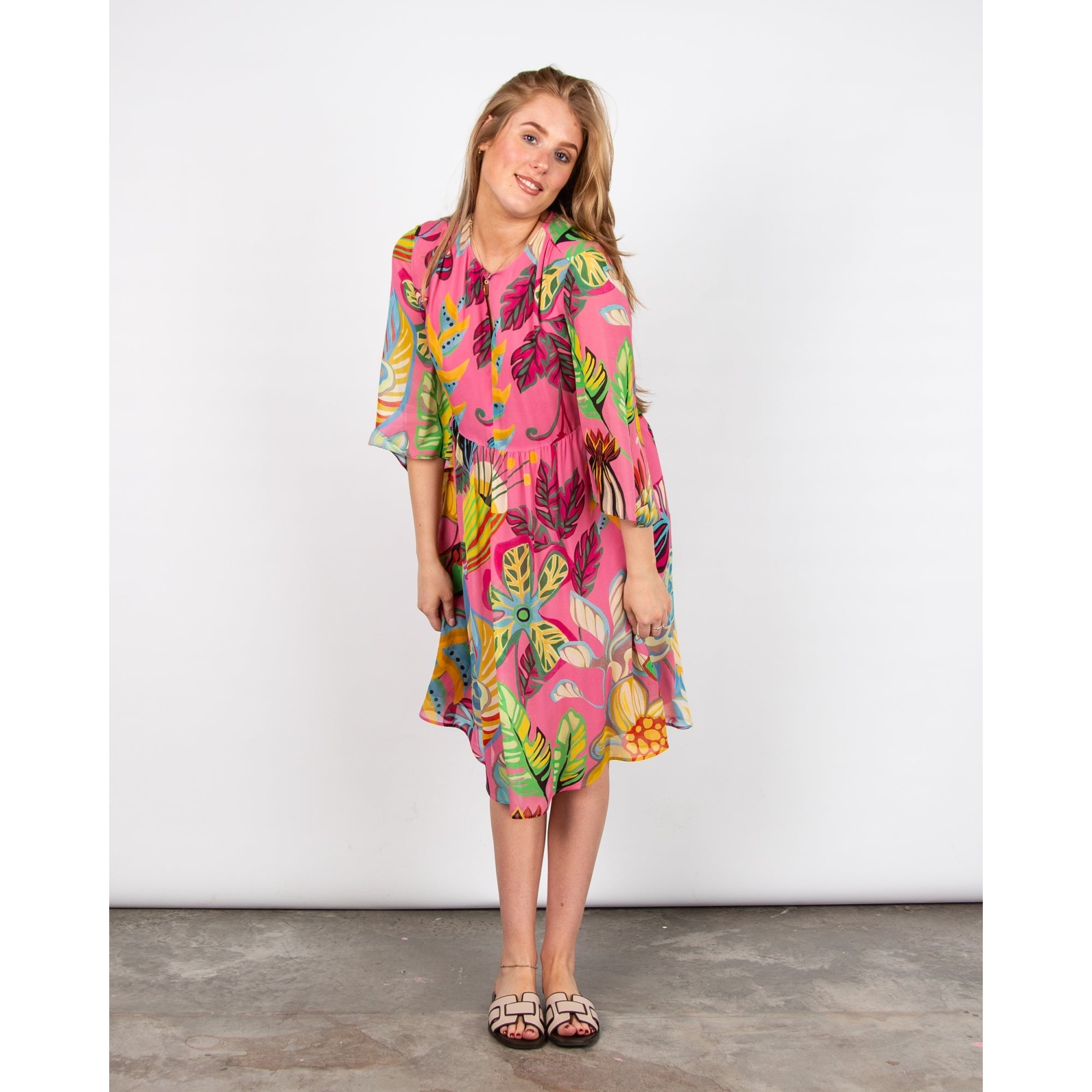 Luisa Cerano Bold Floral Print Gathered Waist Dress Flute Sleeves Pink Multi