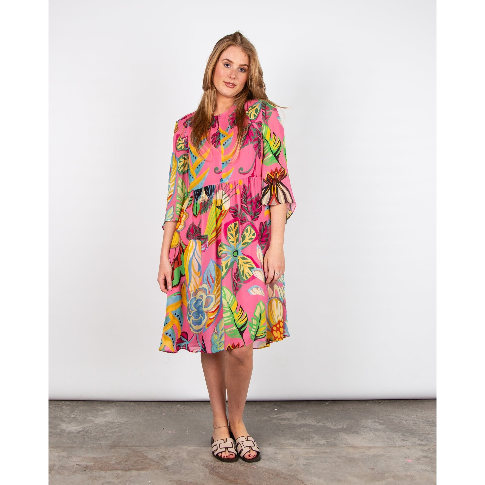 Luisa Cerano Bold Floral Print Gathered Waist Dress Flute Sleeves Pink Multi