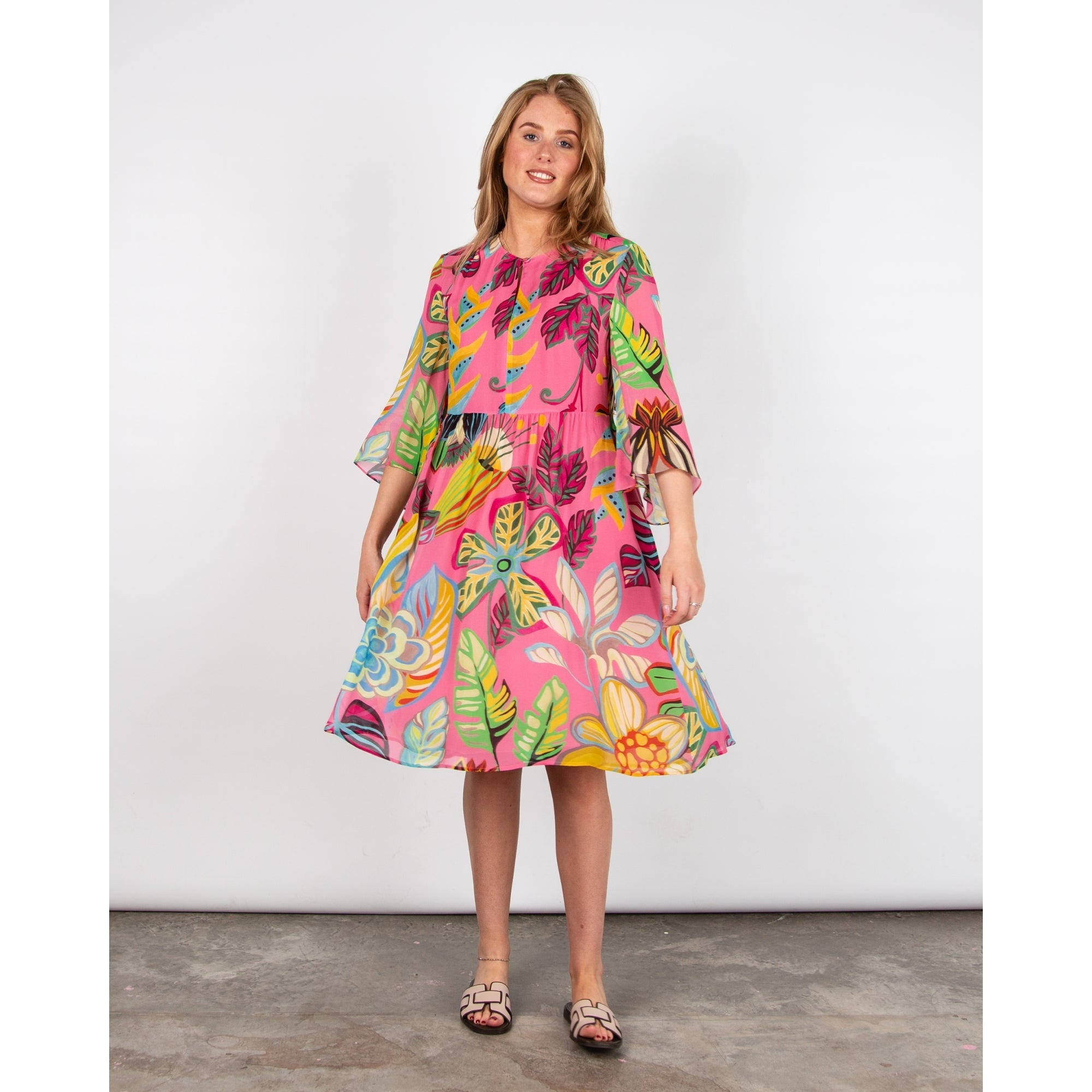 Luisa Cerano Bold Floral Print Gathered Waist Dress Flute Sleeves Pink Multi