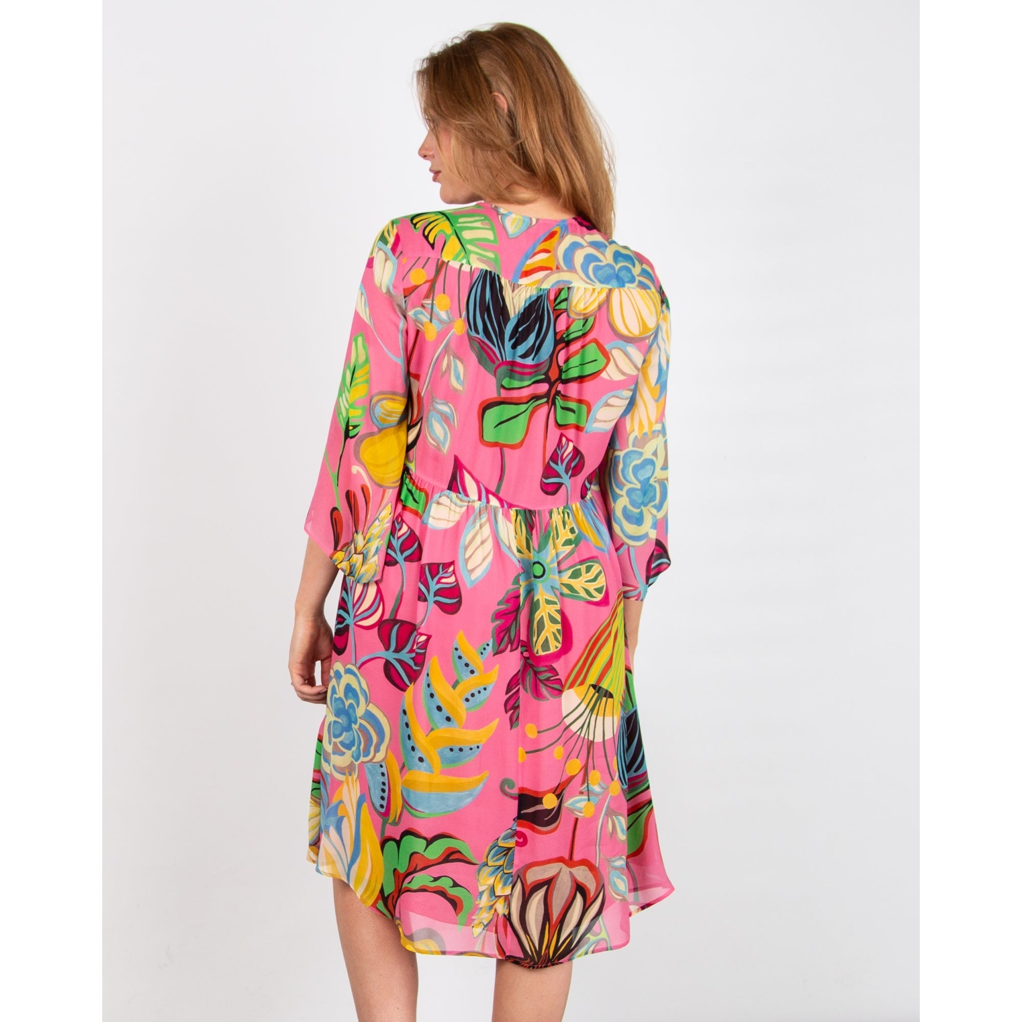 Luisa Cerano Bold Floral Print Gathered Waist Dress Flute Sleeves Pink Multi