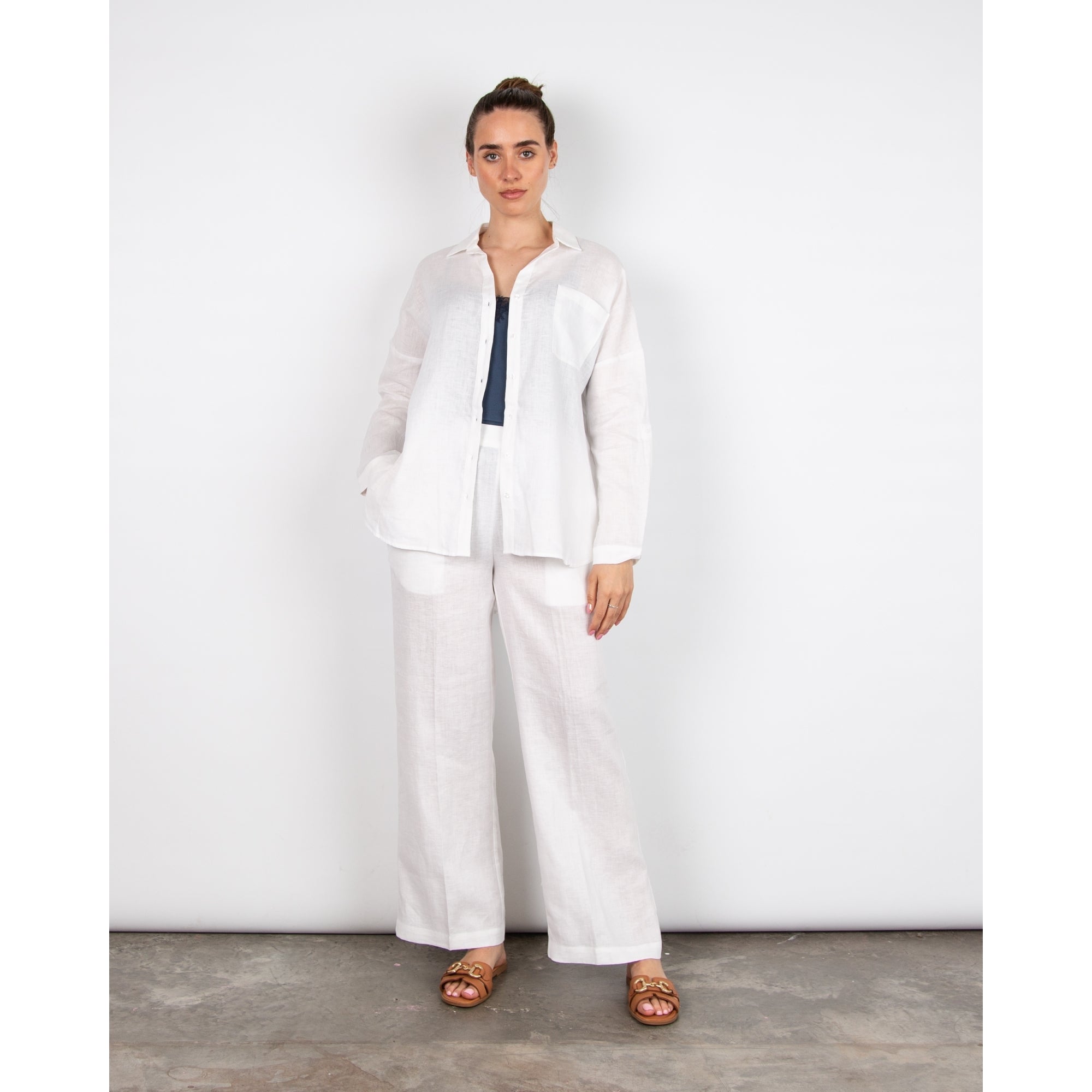 Pomodoro Pocket Front Dip Back Linen Shirt White
