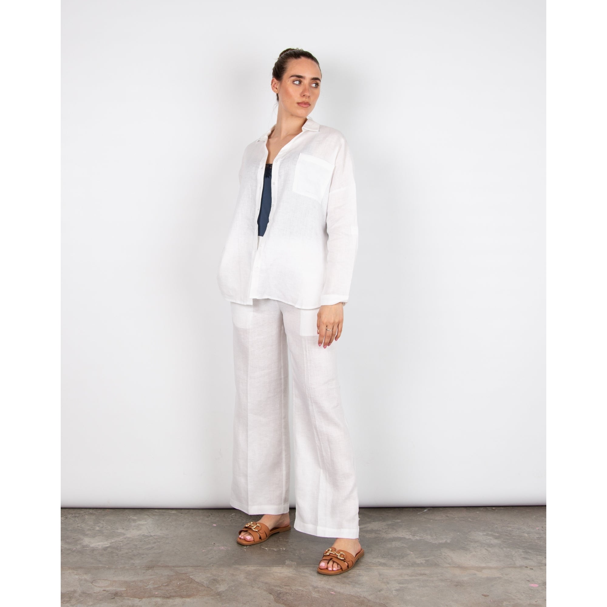 Pomodoro Pocket Front Dip Back Linen Shirt White