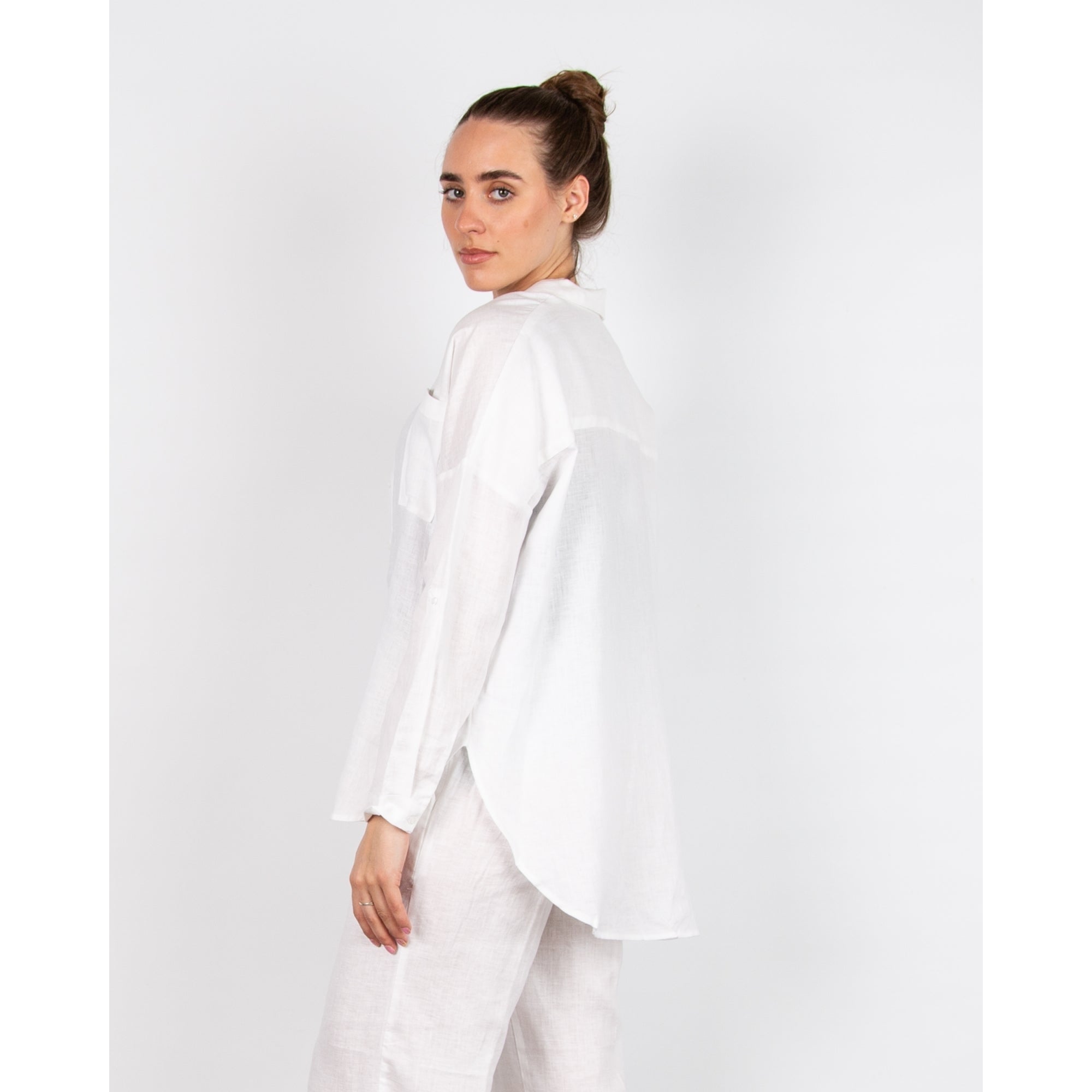 Pomodoro Pocket Front Dip Back Linen Shirt White